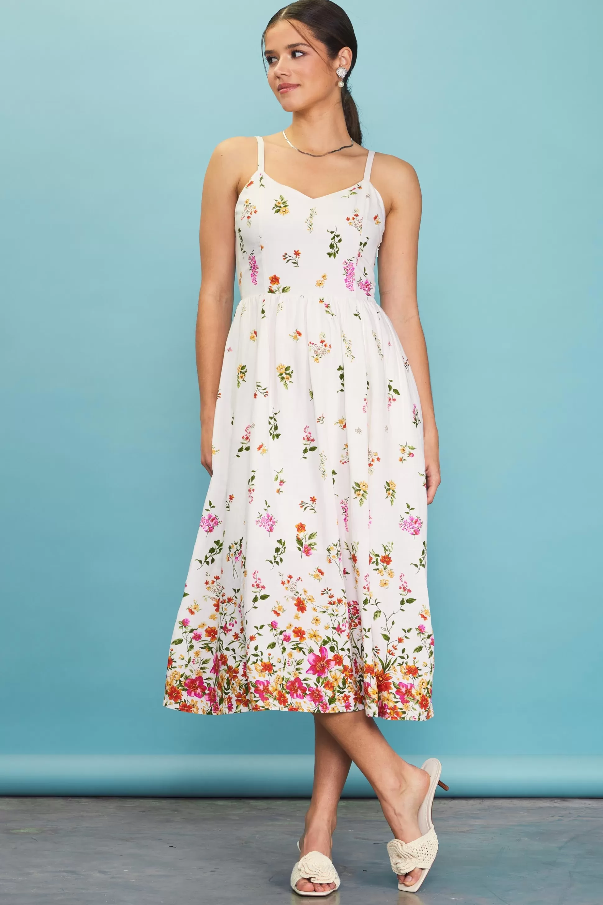 SKIES ARE BLUE Midi Dresses>Floral Motif Print Midi Dress Ivory-red