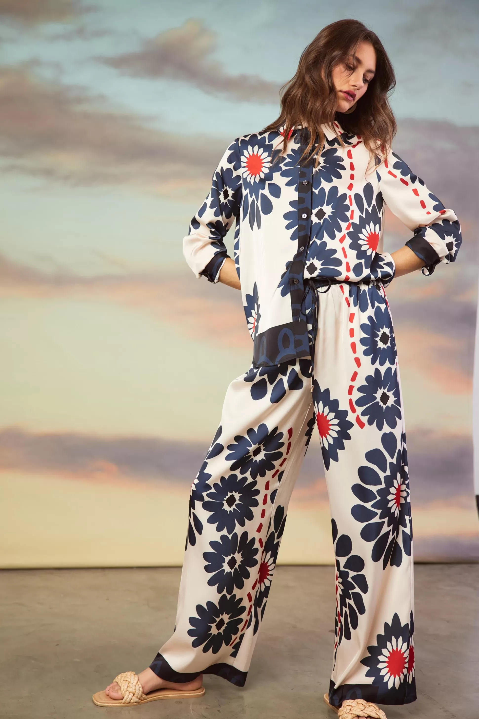 SKIES ARE BLUE Pants>Floral Print Elastic Waistband Pants Ivory-navy