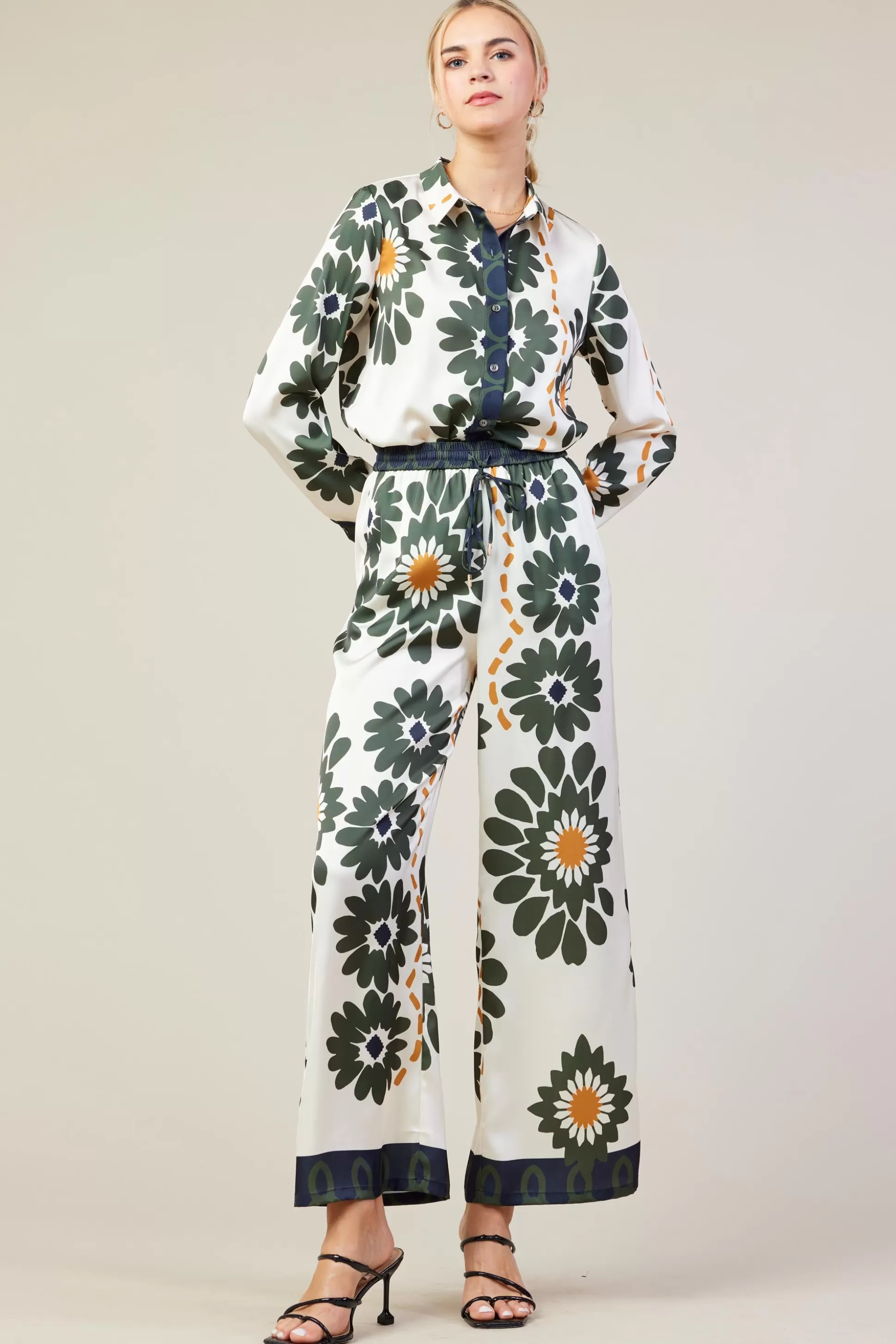 SKIES ARE BLUE Pants>Floral Print Elastic Waistband Pants Cream-olive