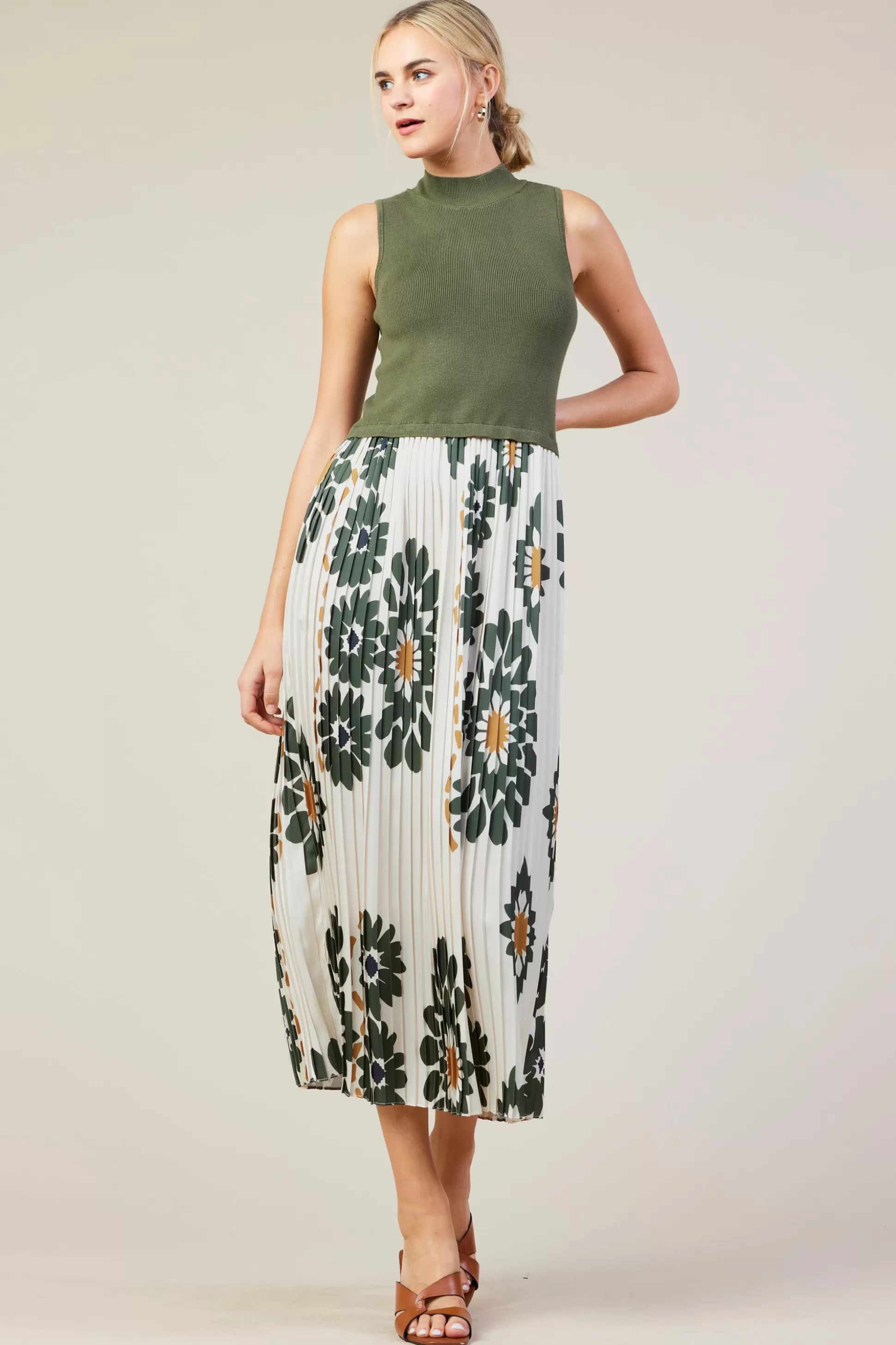 SKIES ARE BLUE Midi Dresses>Floral Print Mixed Media Dress Cream-olive