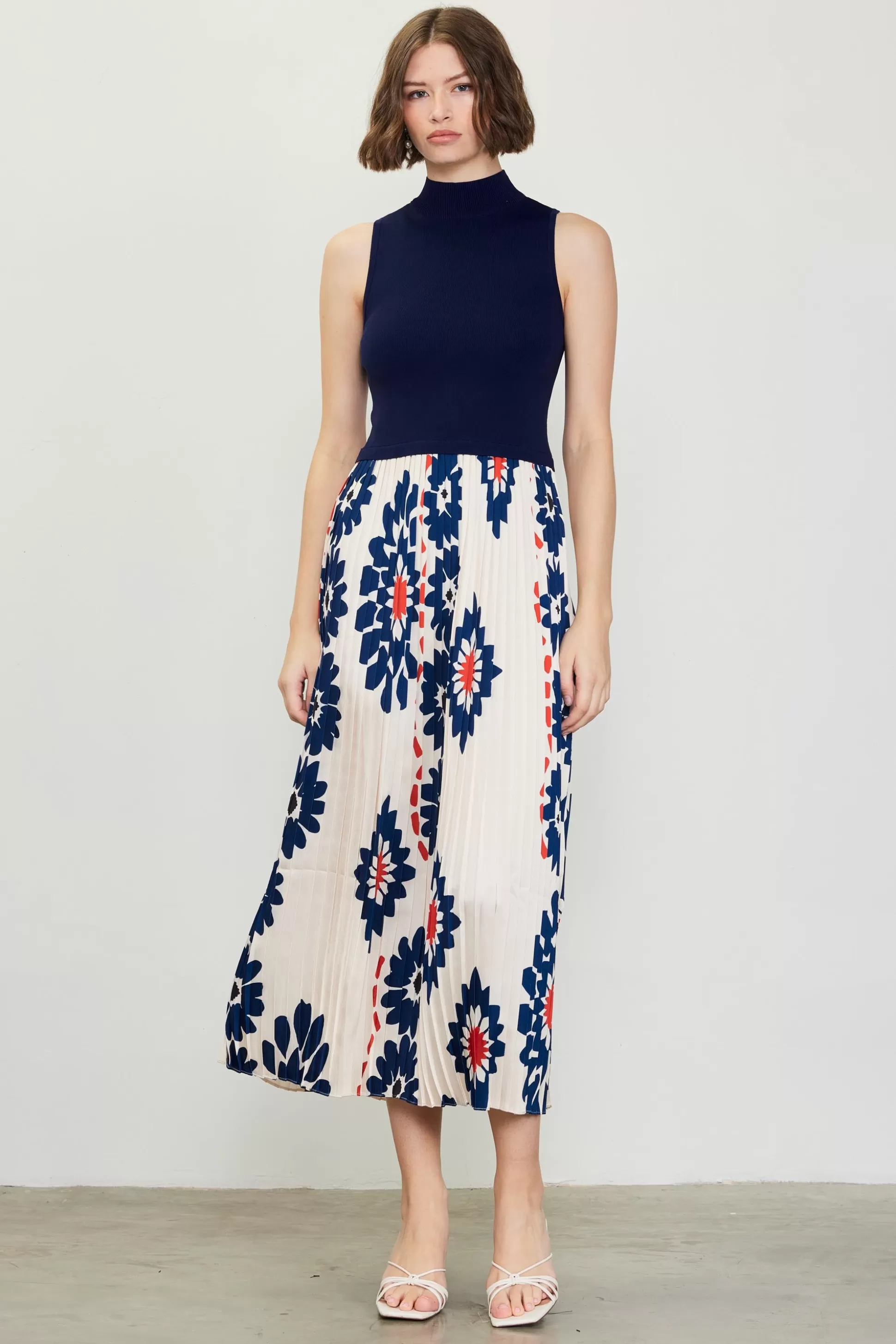 SKIES ARE BLUE Midi Dresses>Floral Print Mixed Media Dress Ivory-navy