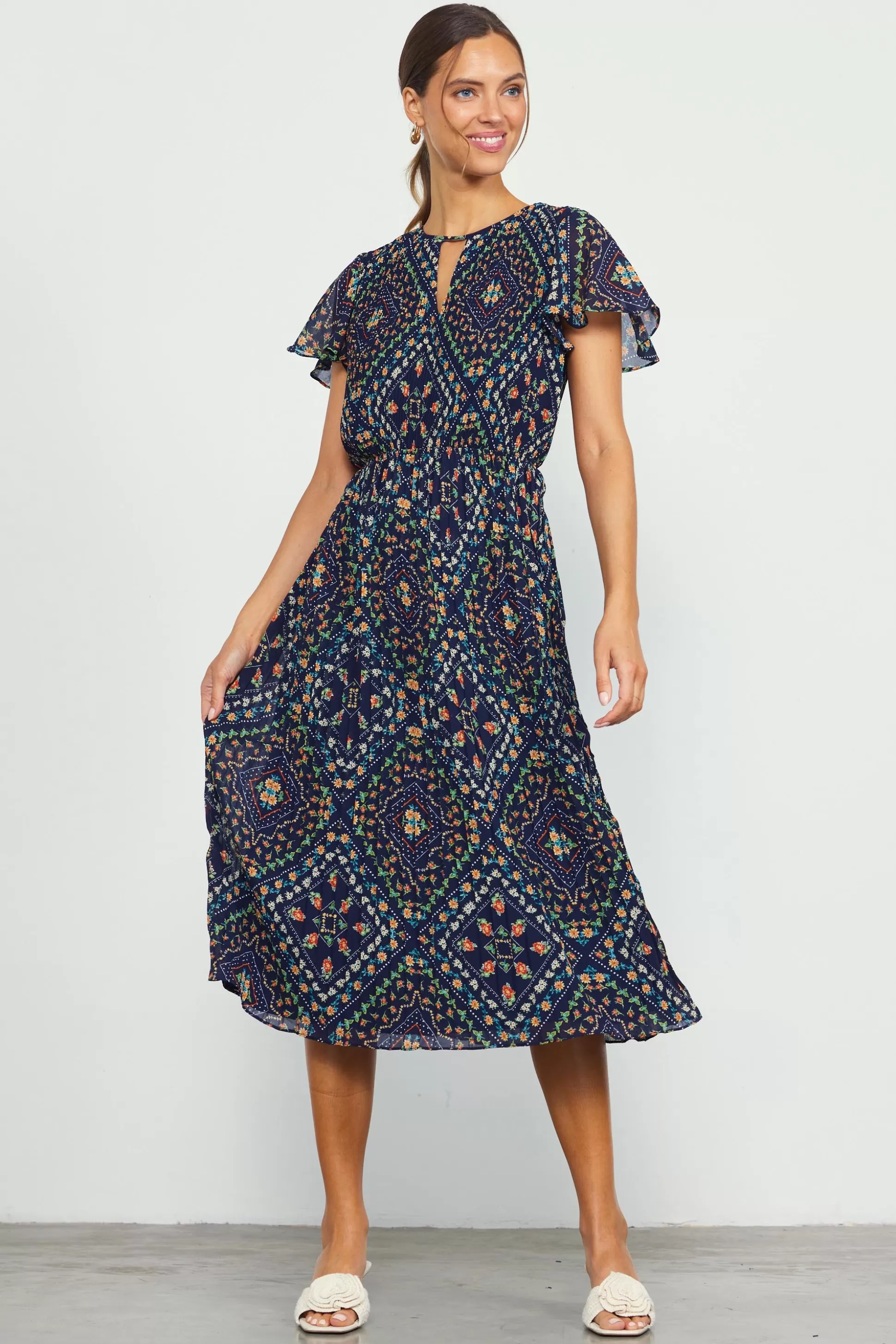 SKIES ARE BLUE Midi Dresses>Floral Print Pleated Midi Dress Navy