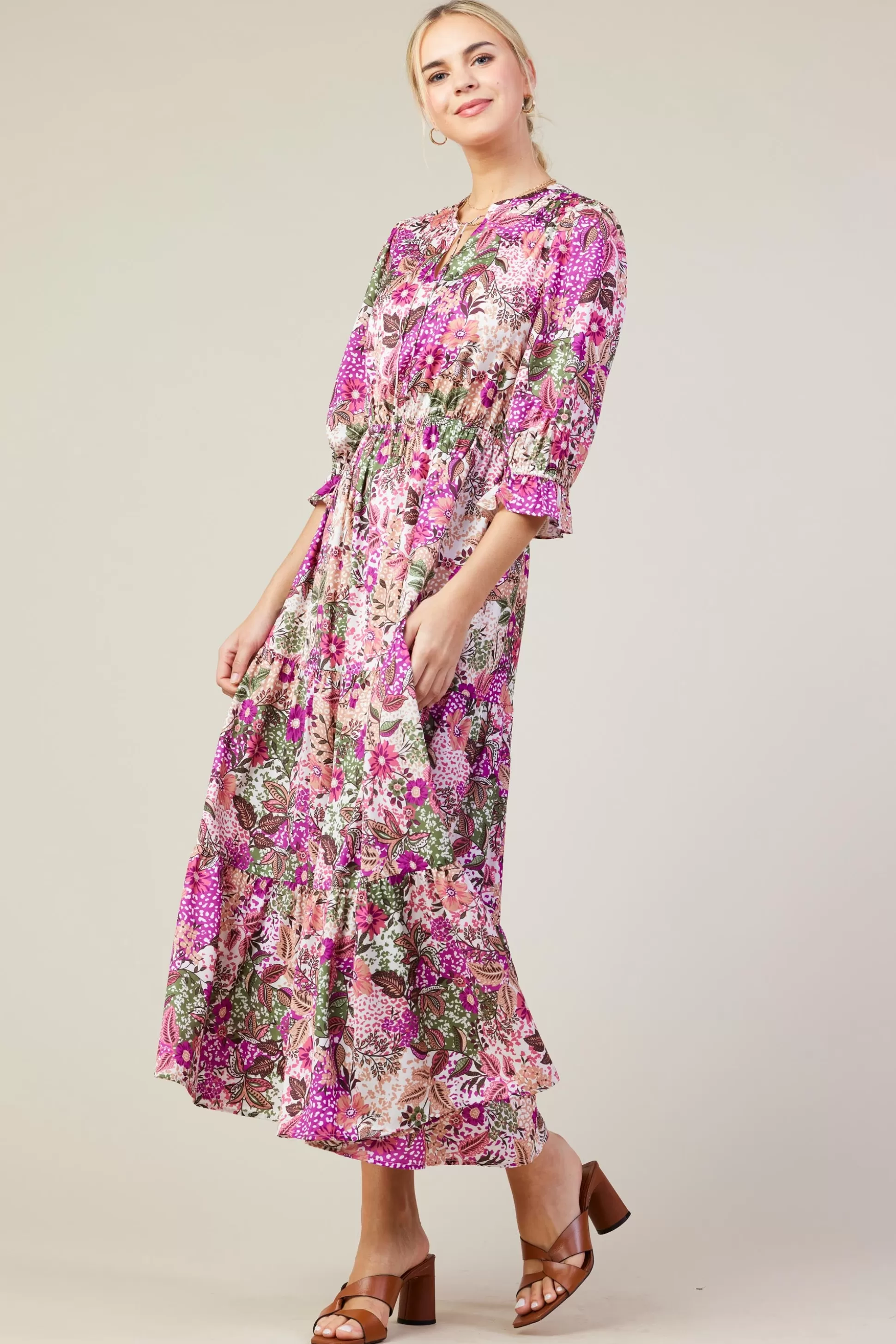 SKIES ARE BLUE Maxi Dresses>Floral Print Ruffle Maxi Dress Orchidmulti