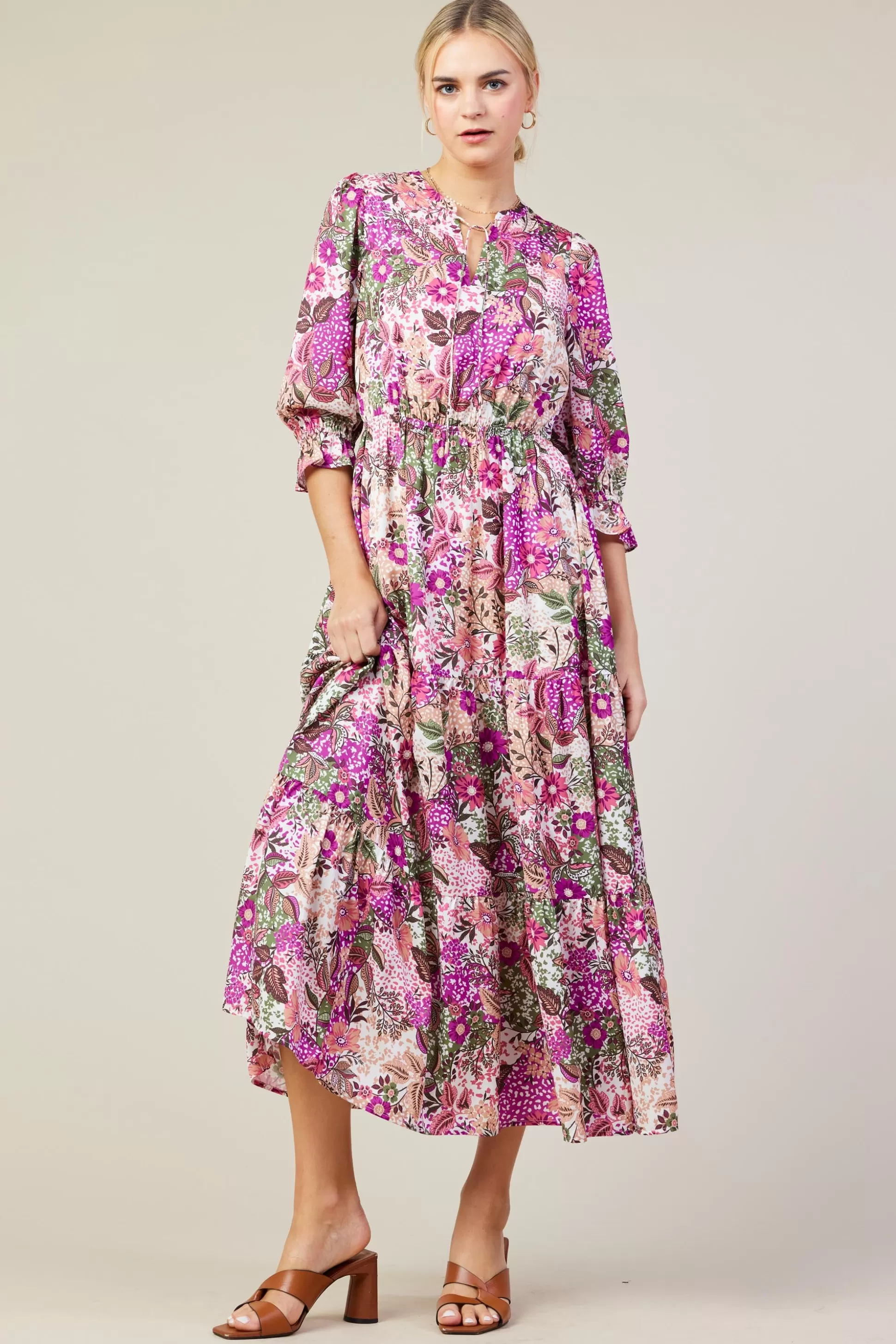 SKIES ARE BLUE Maxi Dresses>Floral Print Ruffle Maxi Dress Orchidmulti