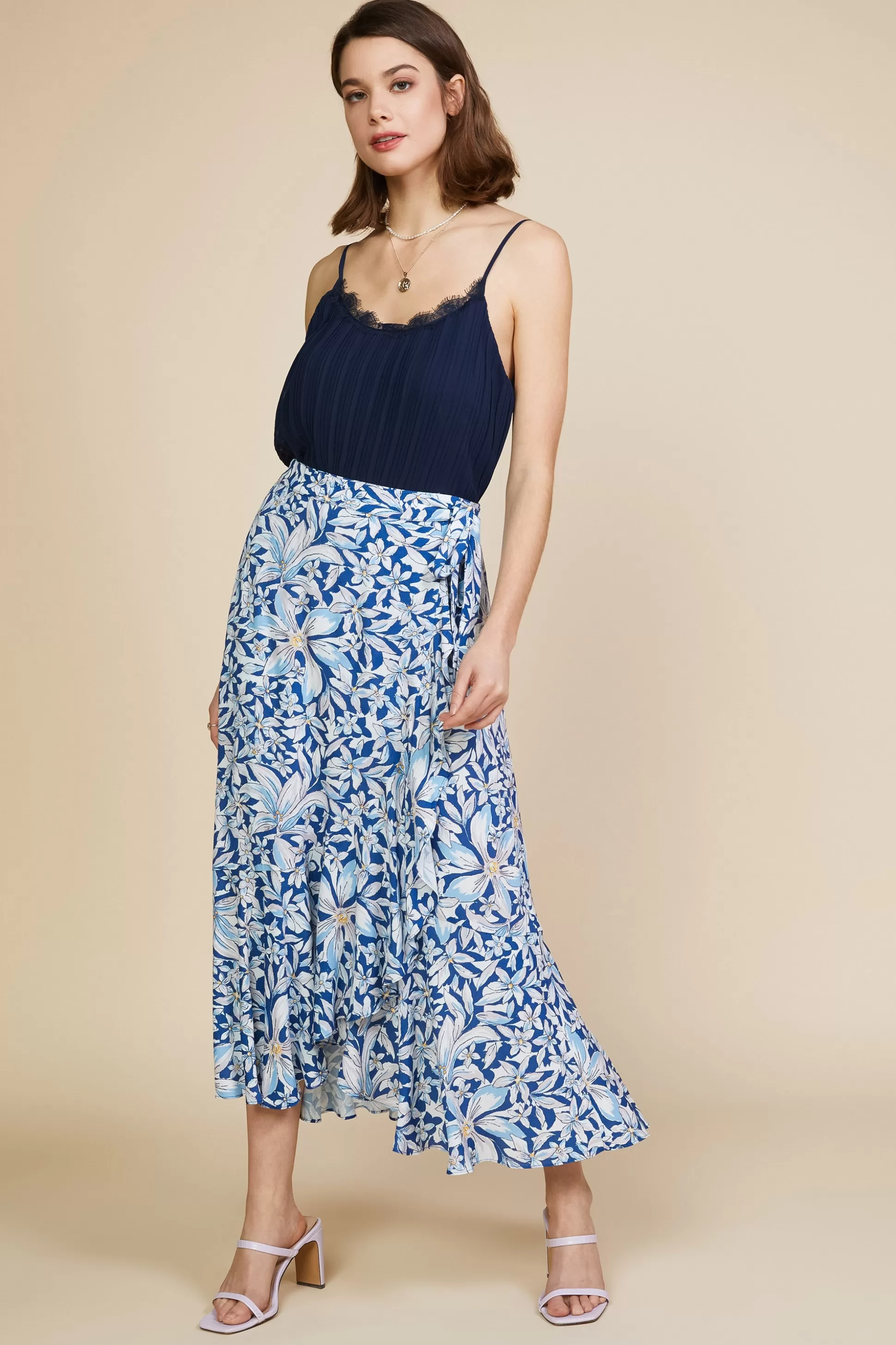 SKIES ARE BLUE Skirts>Floral Print Ruffled Wrap Skirt Whitenavy