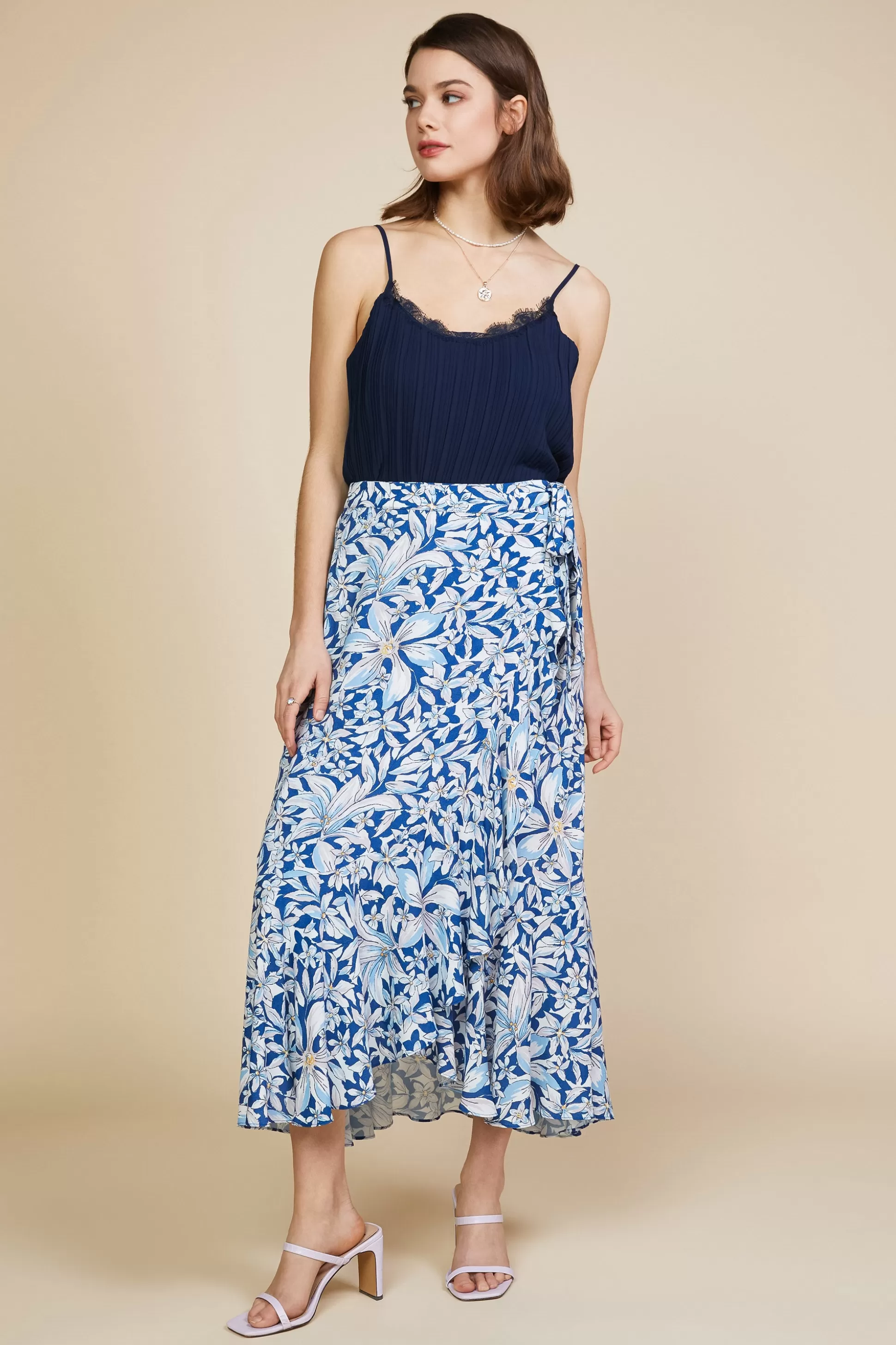 SKIES ARE BLUE Skirts>Floral Print Ruffled Wrap Skirt Whitenavy