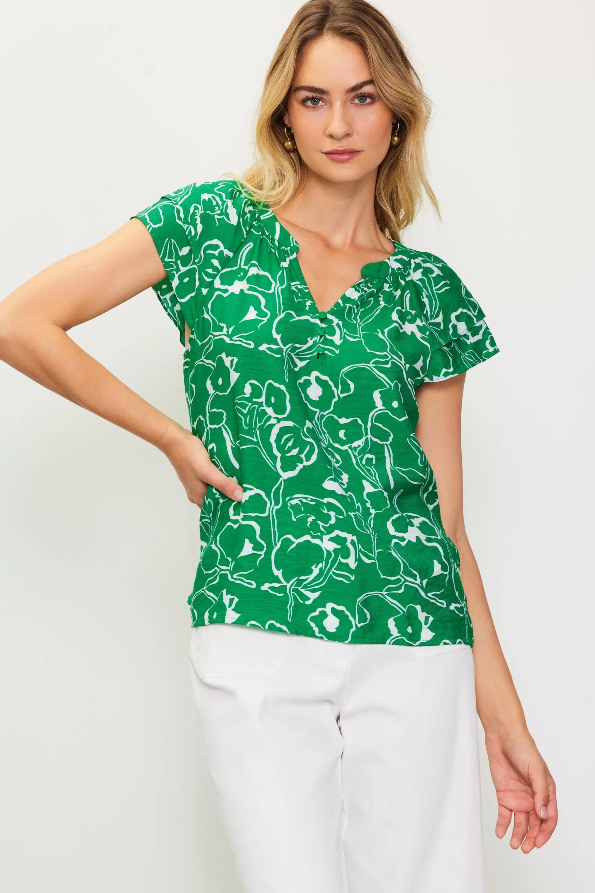 SKIES ARE BLUE Short Sleeve Tops>Floral Print Short Sleeve Top Green