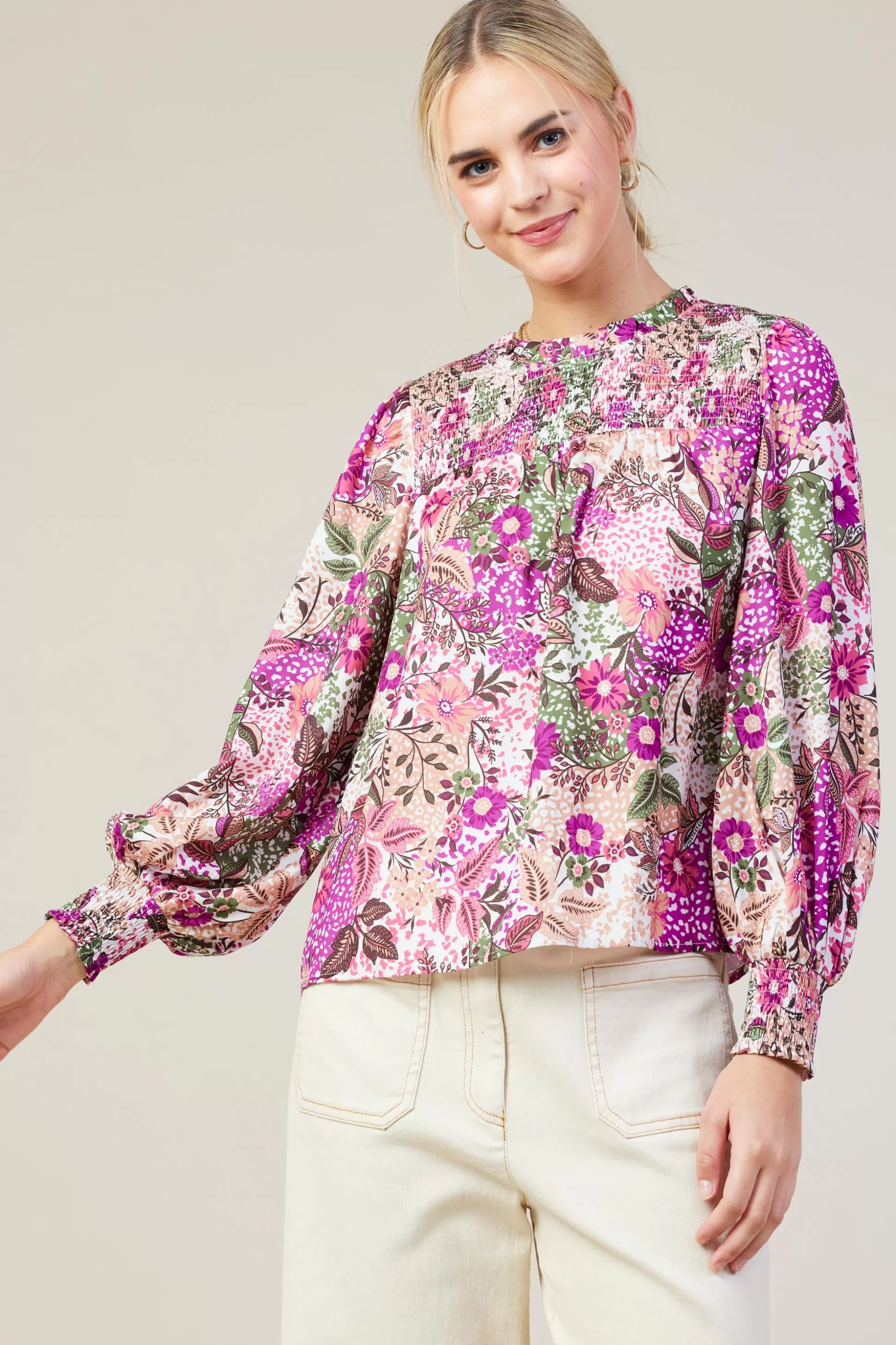 SKIES ARE BLUE Blouses | Long Sleeve Tops>Floral Print Smocked Neckline Blouse Orchidmulti