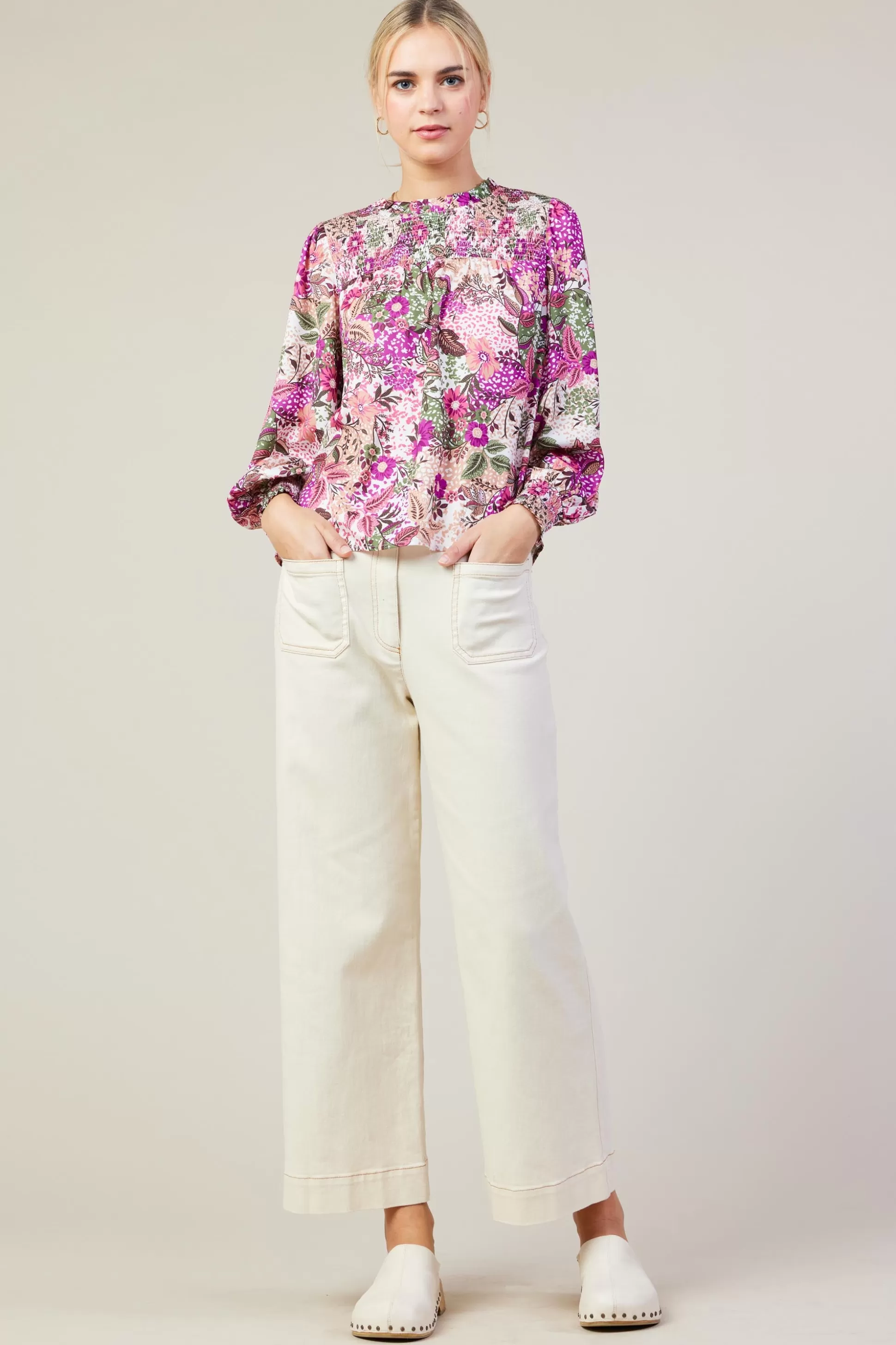 SKIES ARE BLUE Blouses | Long Sleeve Tops>Floral Print Smocked Neckline Blouse Orchidmulti