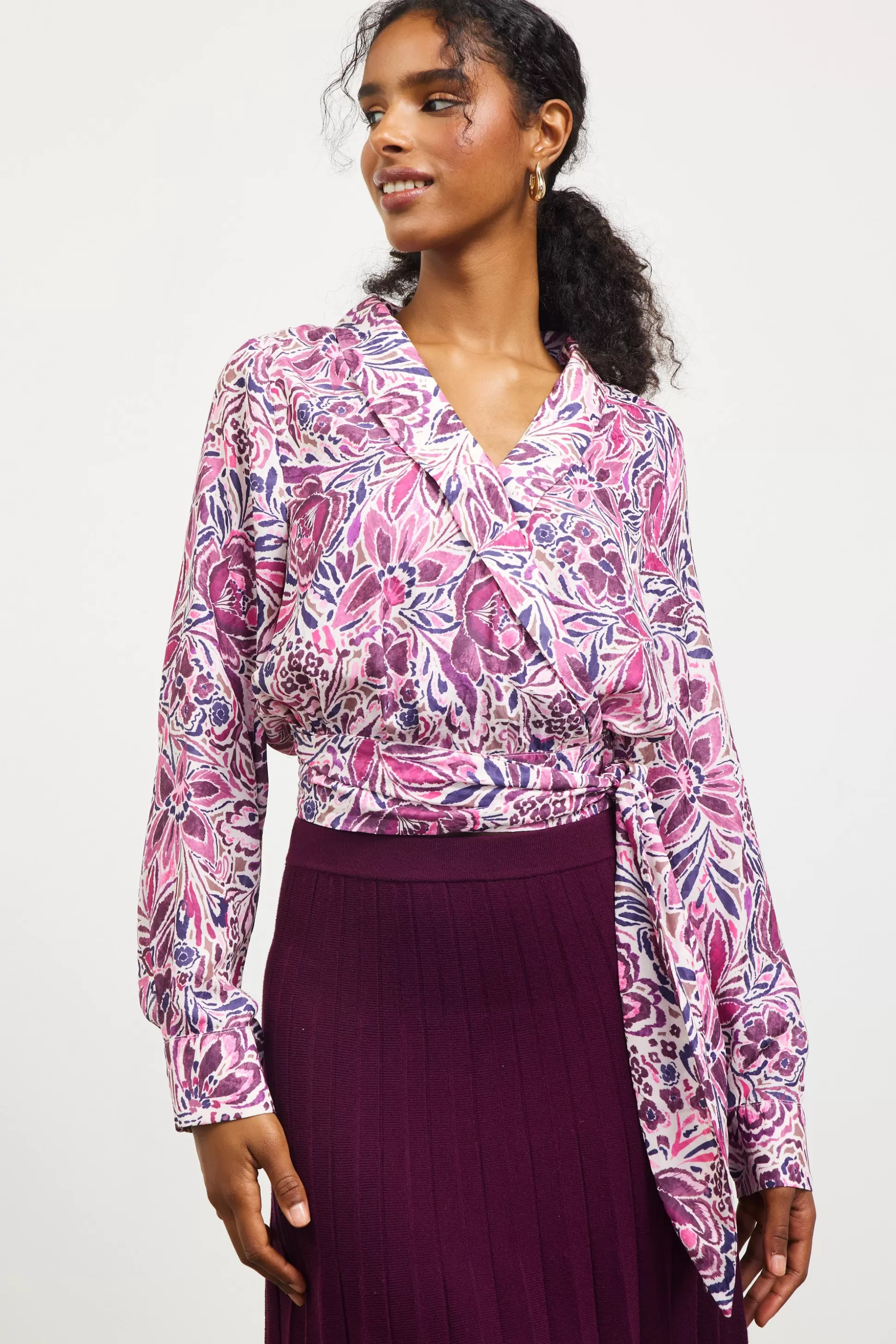 SKIES ARE BLUE Long Sleeve Tops>Floral Print Waist Self Tie Top Plum-multi