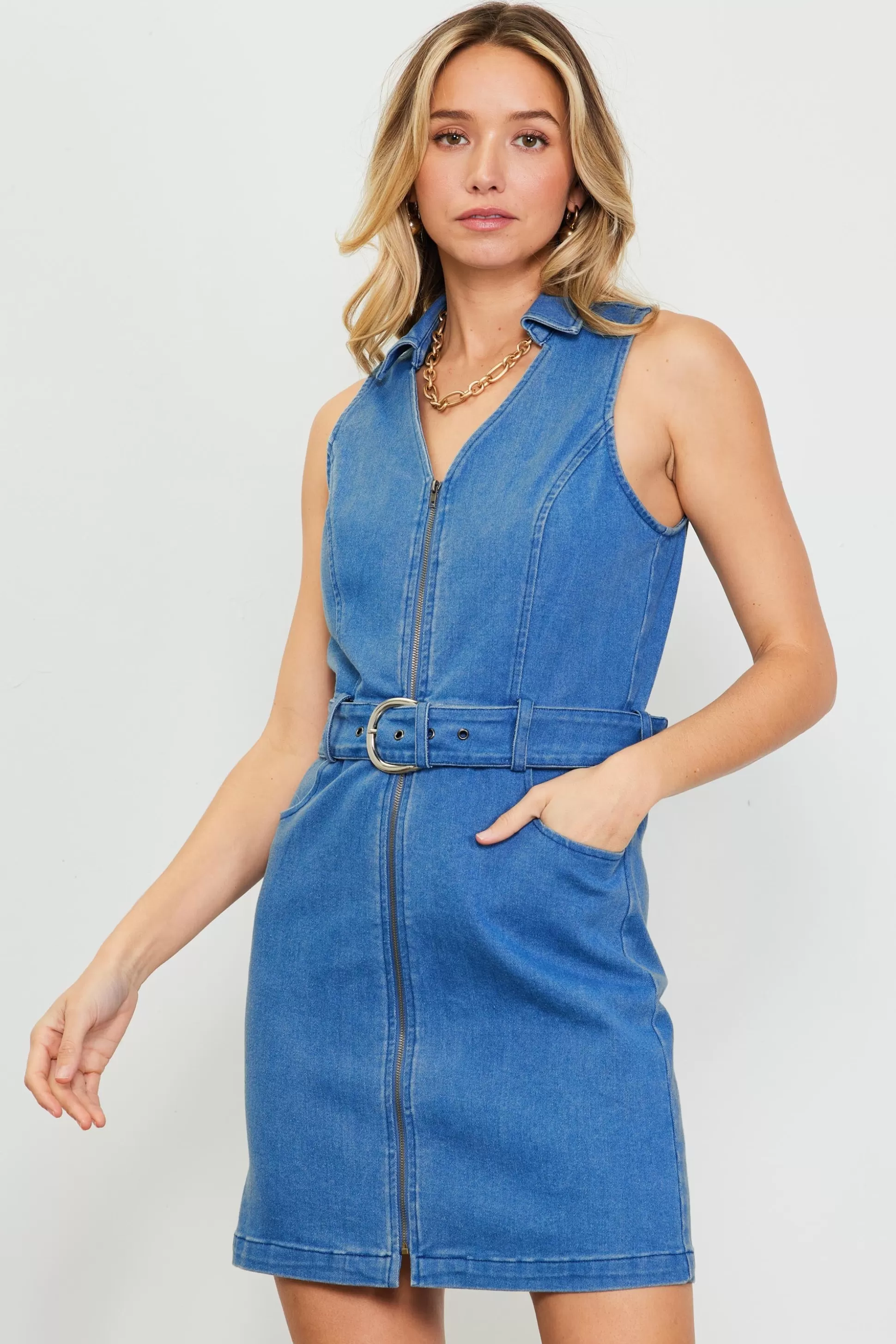 SKIES ARE BLUE Mini Dresses>Front Zipper Denim Mini Dress With Belt Bluedenim