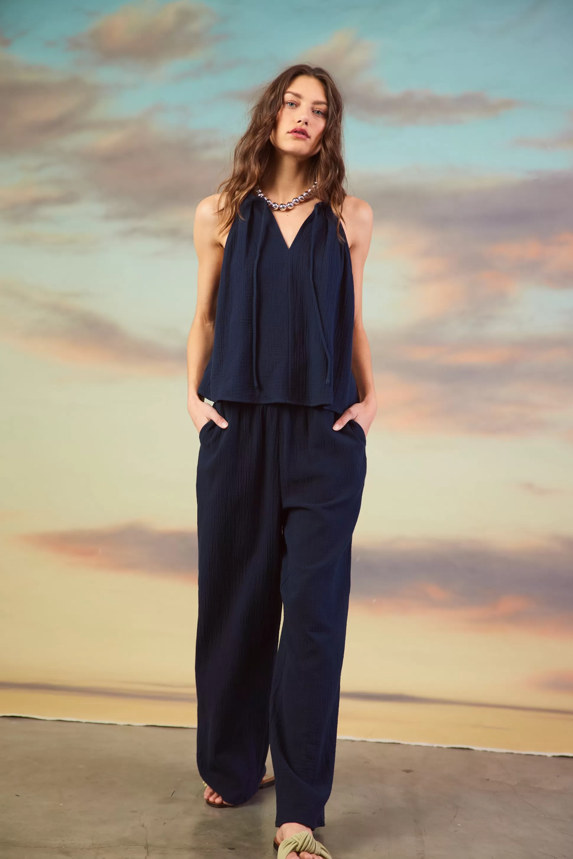 SKIES ARE BLUE Pants>Gaia Smocked Waist Wide Leg Pants Navy