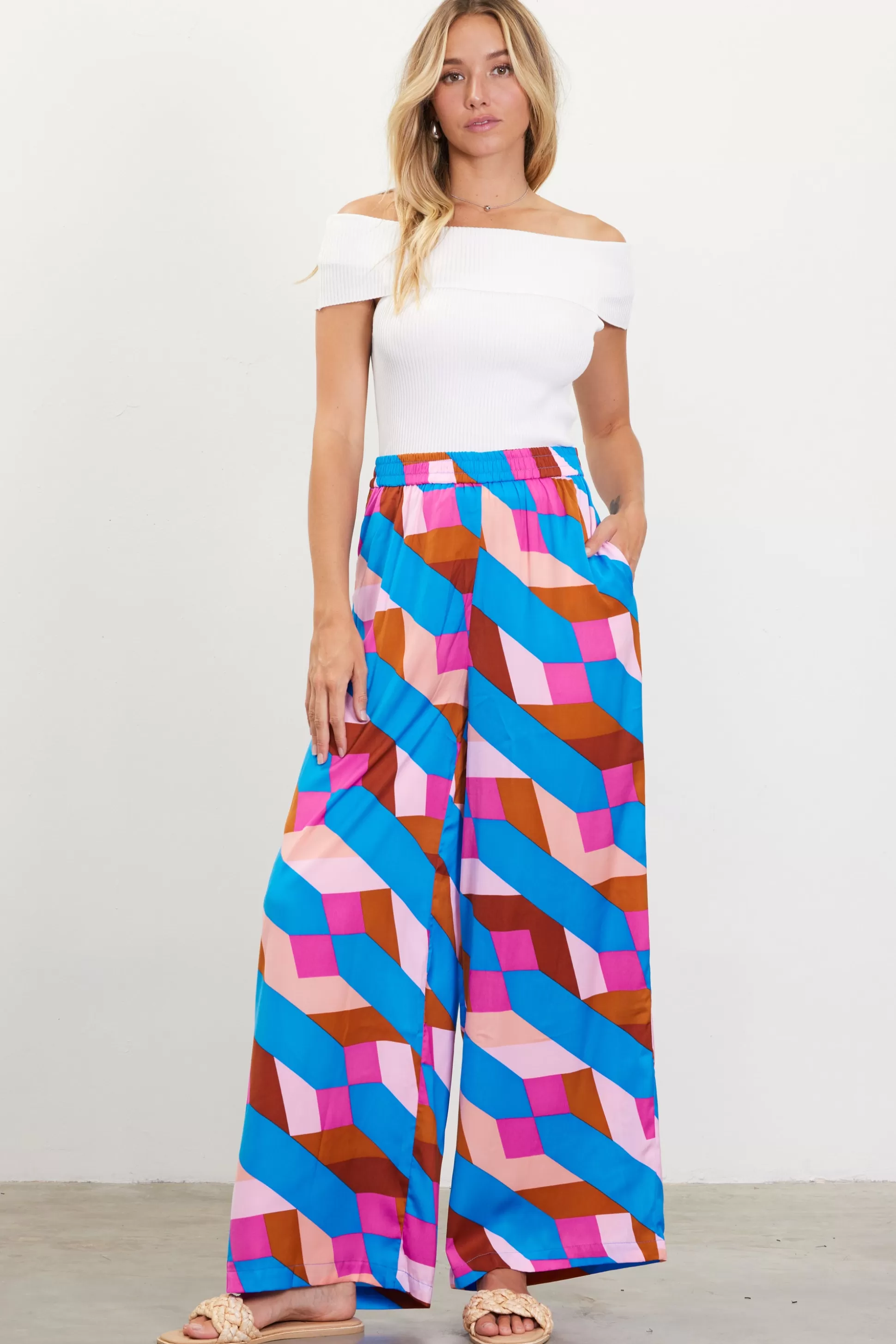 SKIES ARE BLUE Pants>Geometric Print Wide Leg Pants Blue-mulberry