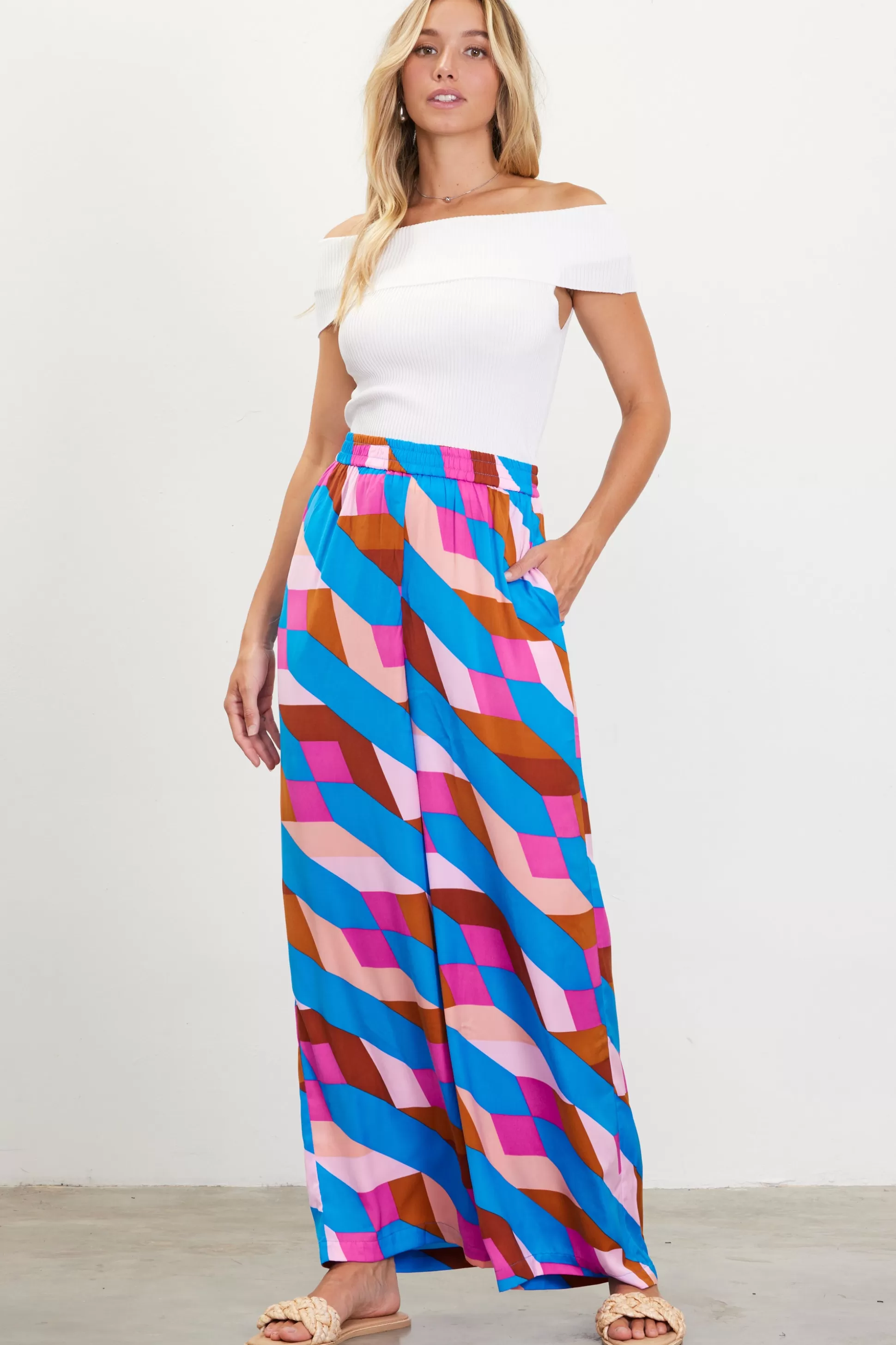 SKIES ARE BLUE Pants>Geometric Print Wide Leg Pants Blue-mulberry