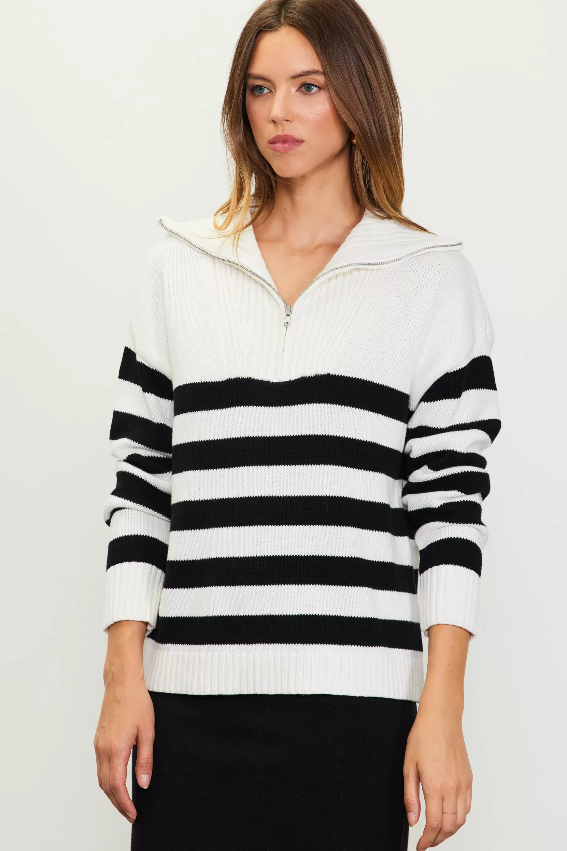 SKIES ARE BLUE Sweaters>Half-Zip Striped Sweater White-black