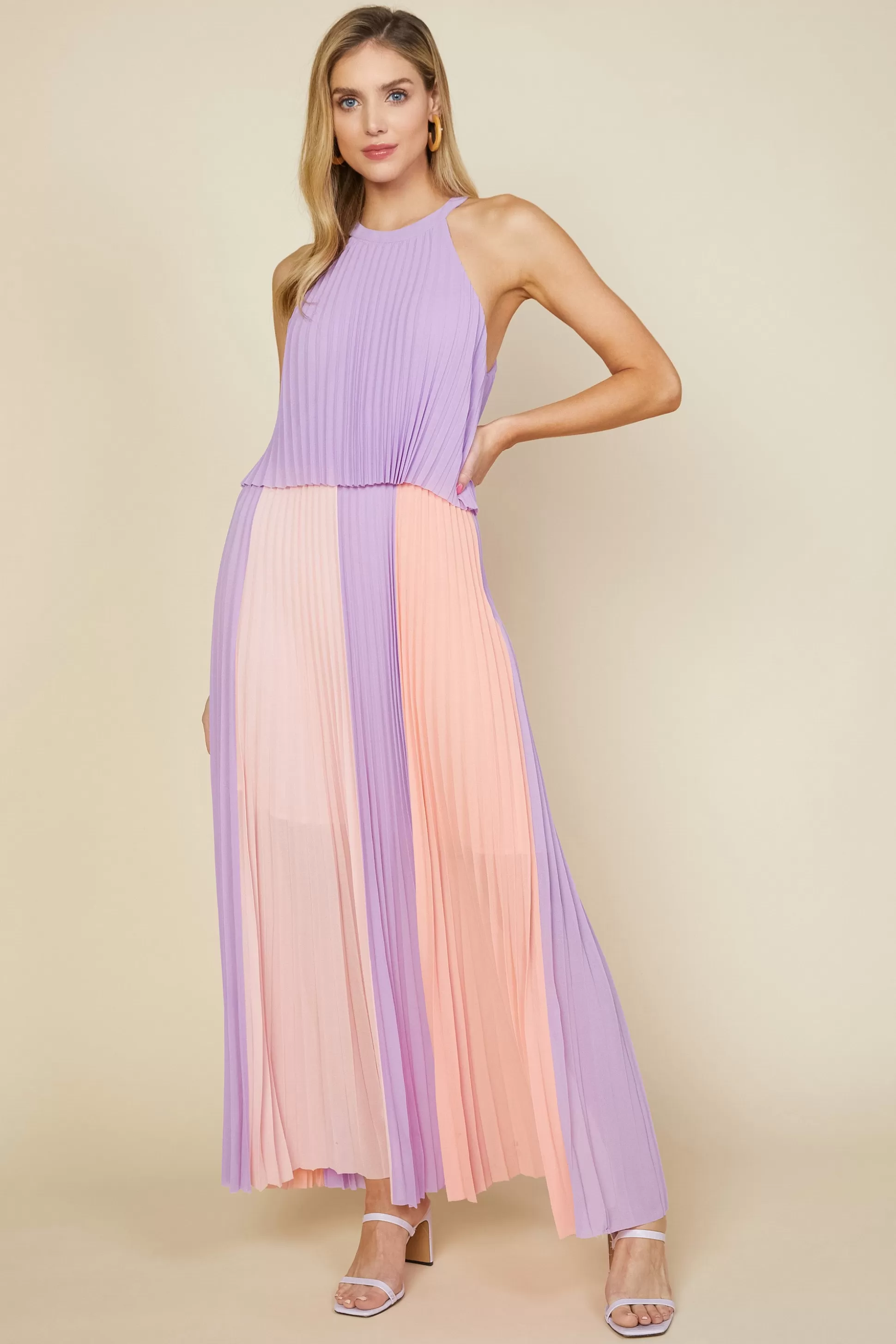 SKIES ARE BLUE Maxi Dresses>Halter Pleated Maxi Dress Lavender-coral