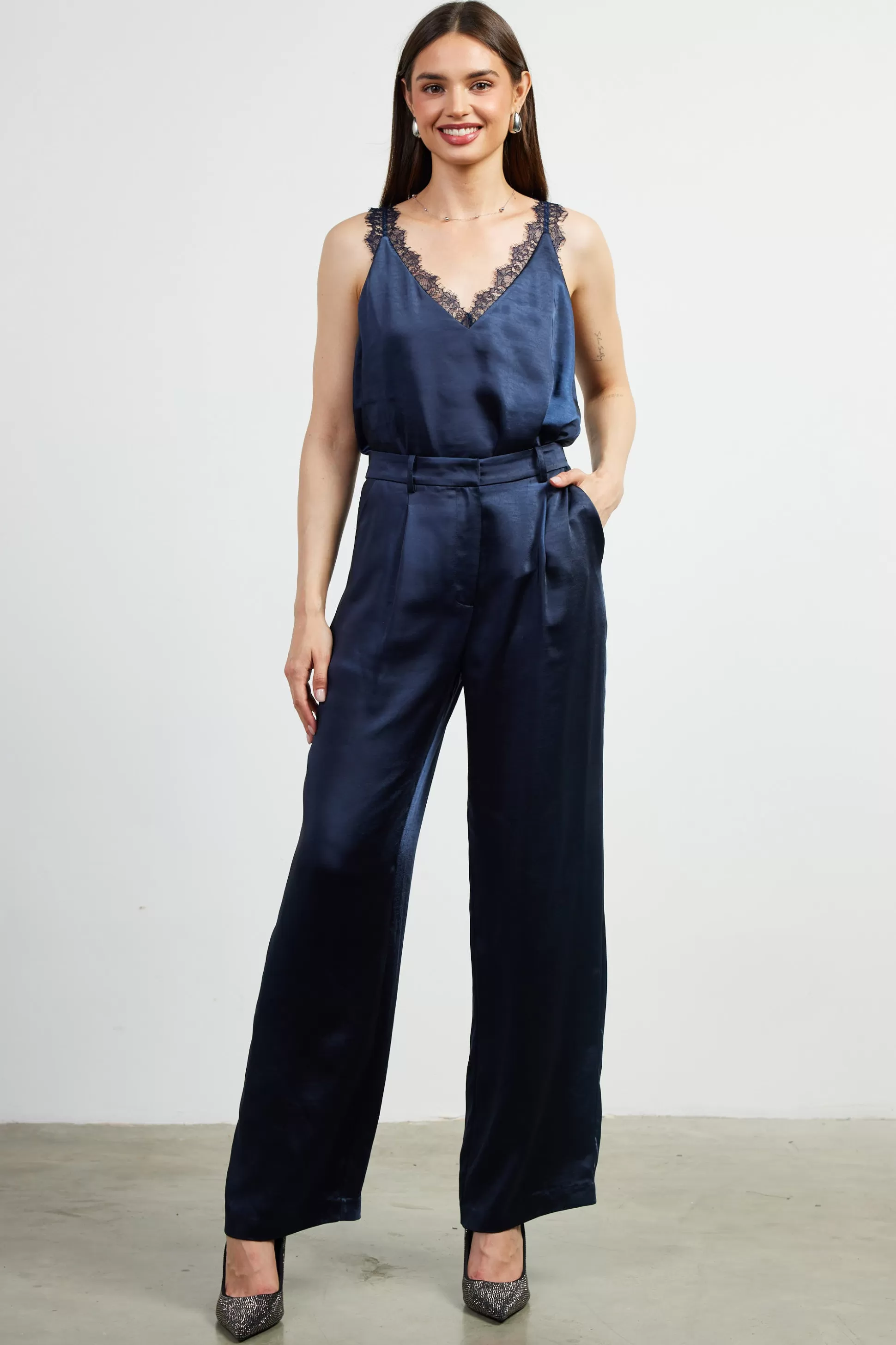 SKIES ARE BLUE Pants>High Waisted Satin Straight Leg Pant Navy