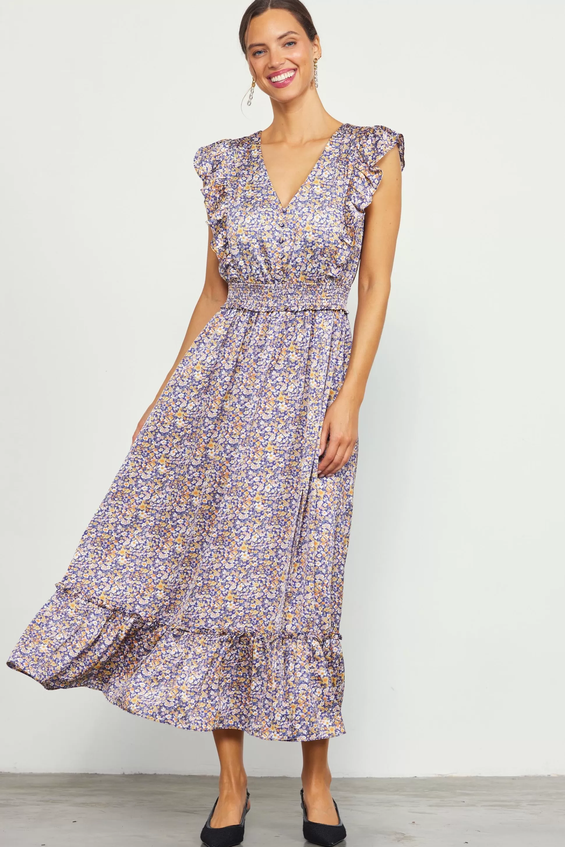 SKIES ARE BLUE Midi Dresses>Indira Floral Print Smocked Waist Dress Indigo-floral