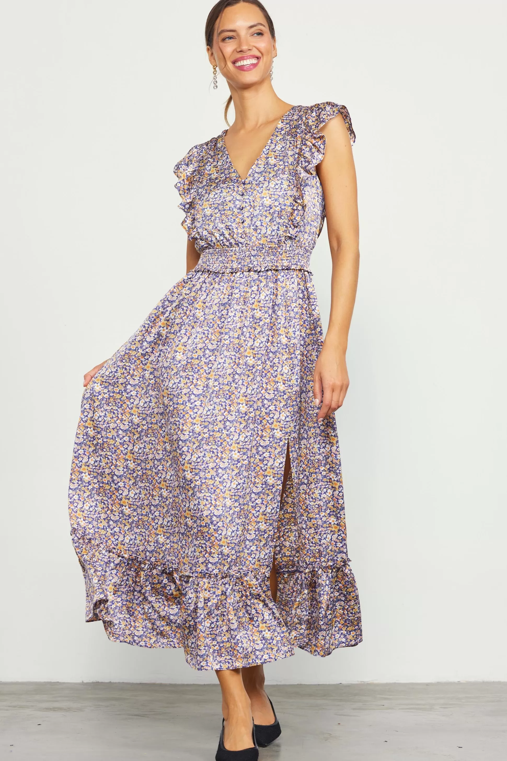 SKIES ARE BLUE Midi Dresses>Indira Floral Print Smocked Waist Dress Indigo-floral