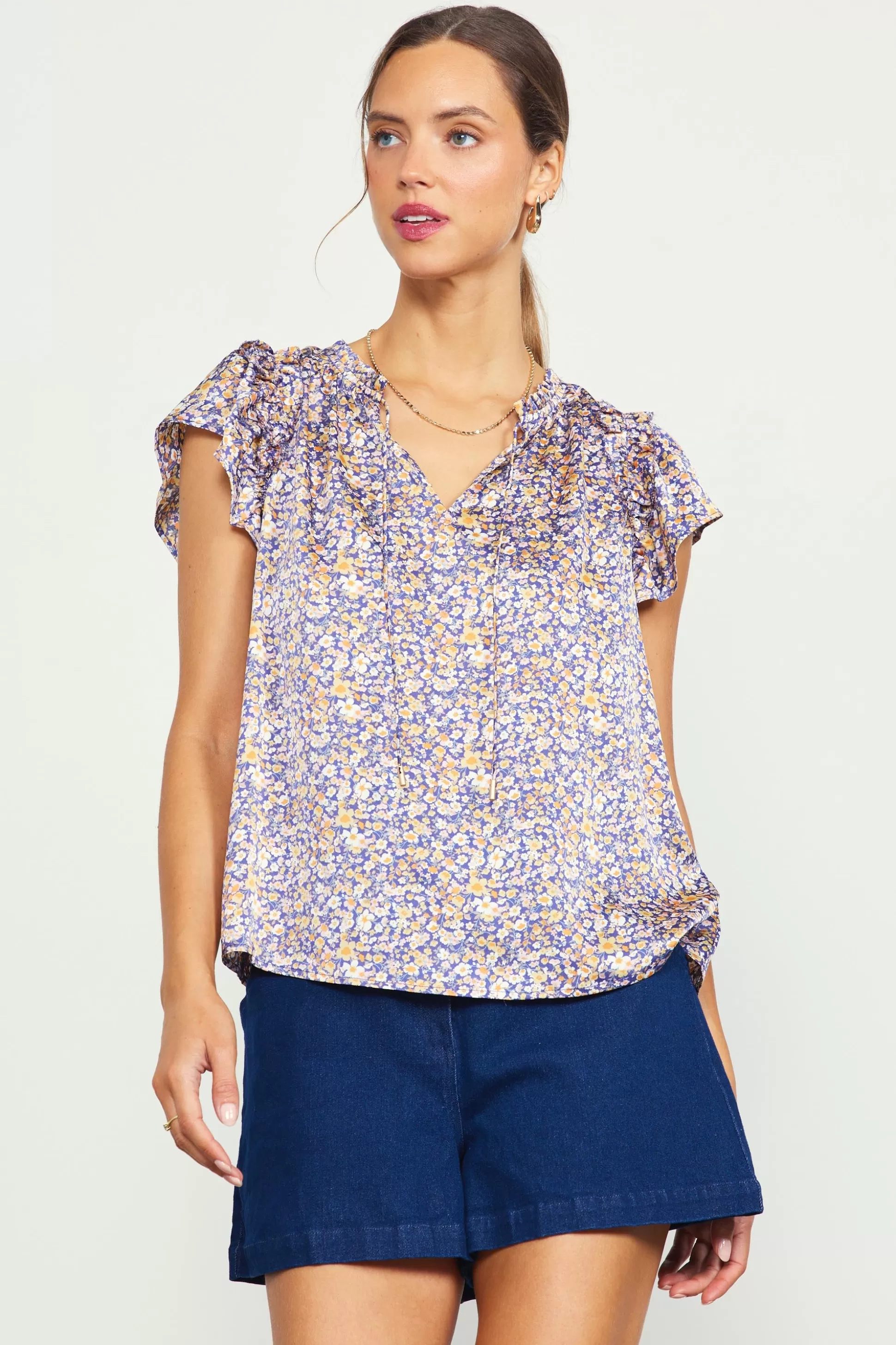 SKIES ARE BLUE Short Sleeve Tops>Indira Floral Print Split Neck Top Indigo-floral