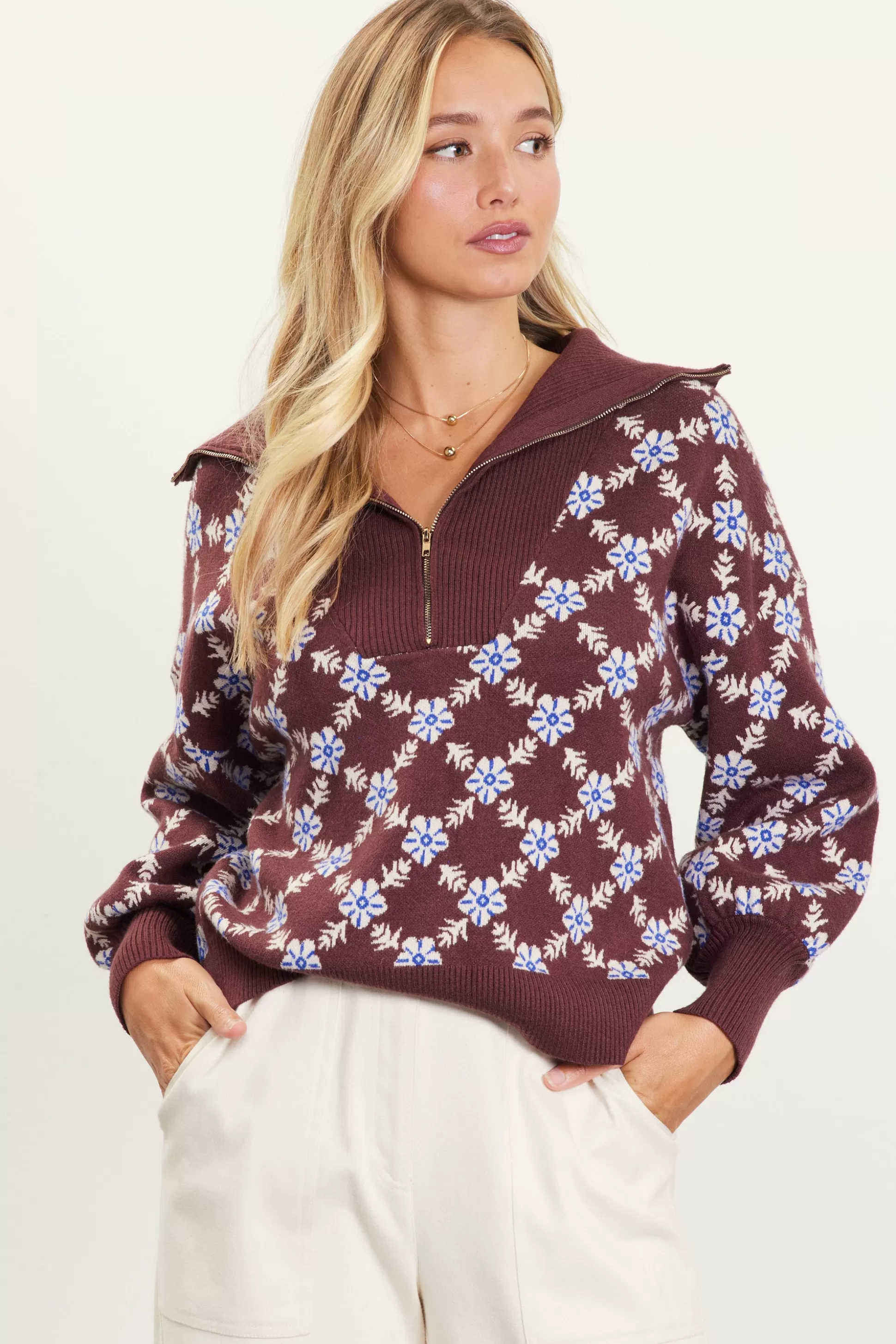 SKIES ARE BLUE Sweaters>Intarsia Knit Half Zip Sweater Chocolate-ivory