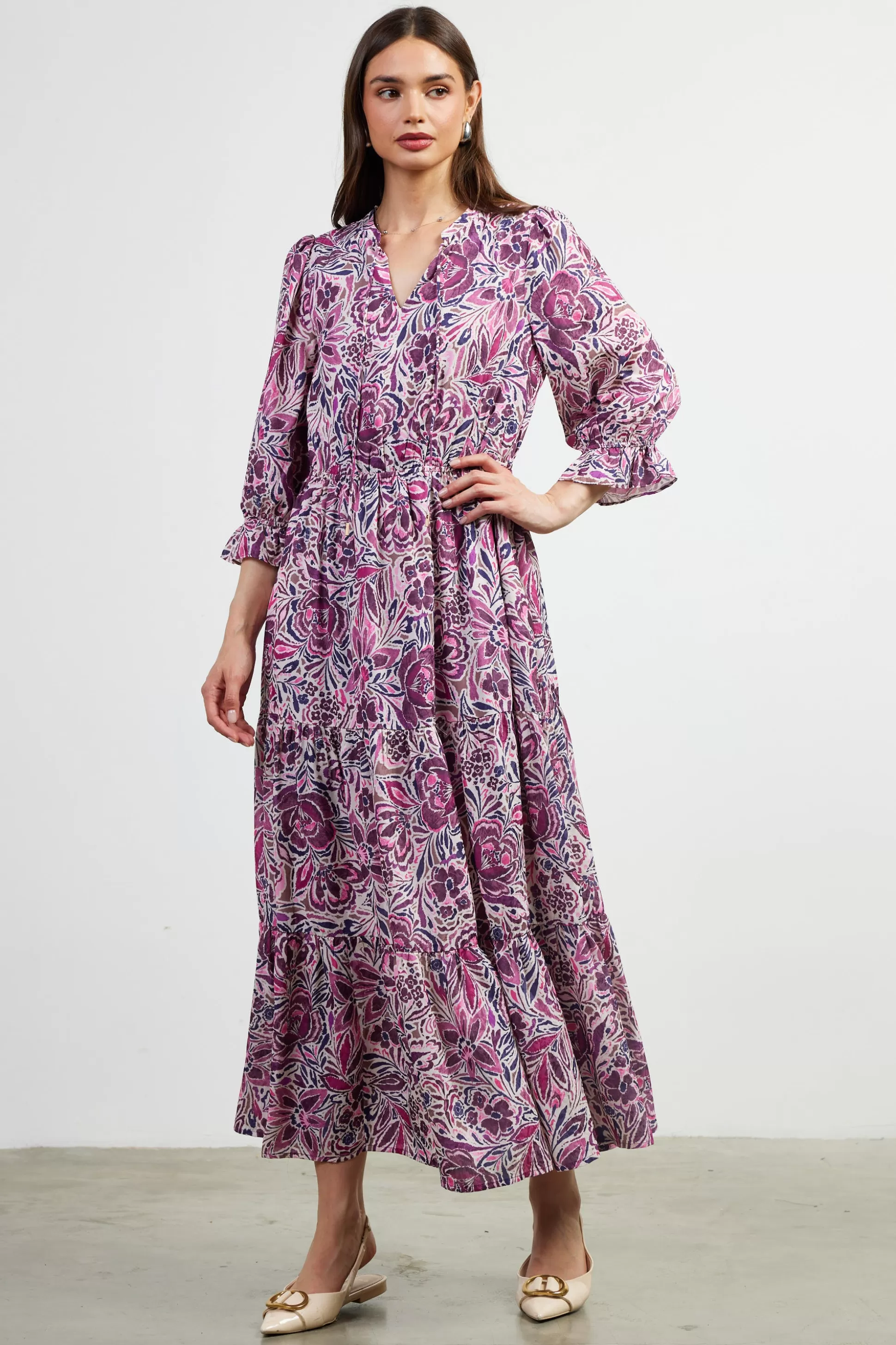 SKIES ARE BLUE Maxi Dresses>Jacquard Floral Motif Maxi Dress Plum-multi