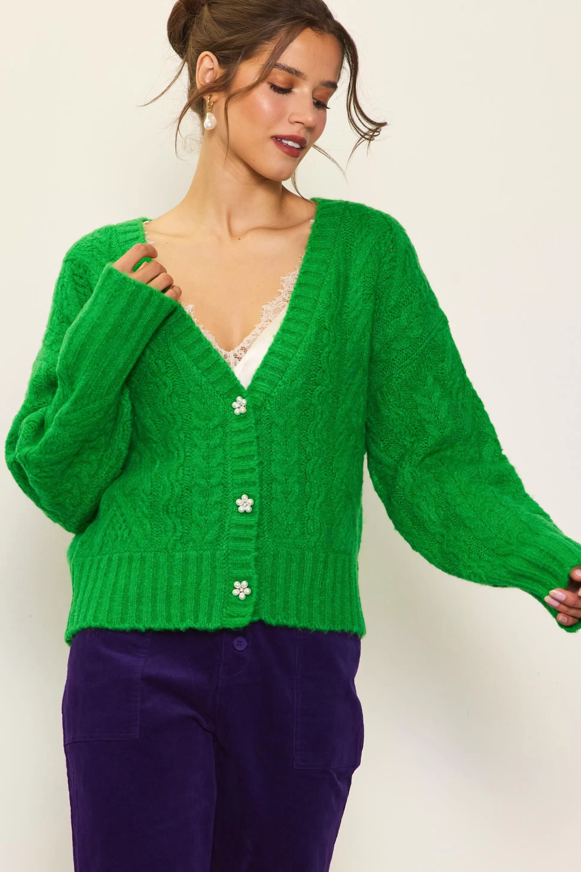 SKIES ARE BLUE Outerwear | Sweaters>Jewel Button Detail Cardigan Spearmint