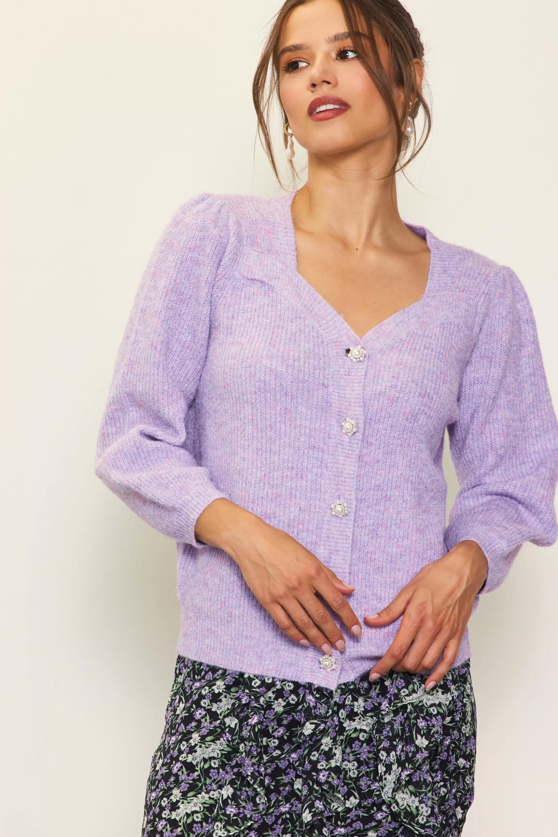 SKIES ARE BLUE Sweaters>Jewelry Button Puff Sleeve Cardigan Lavender