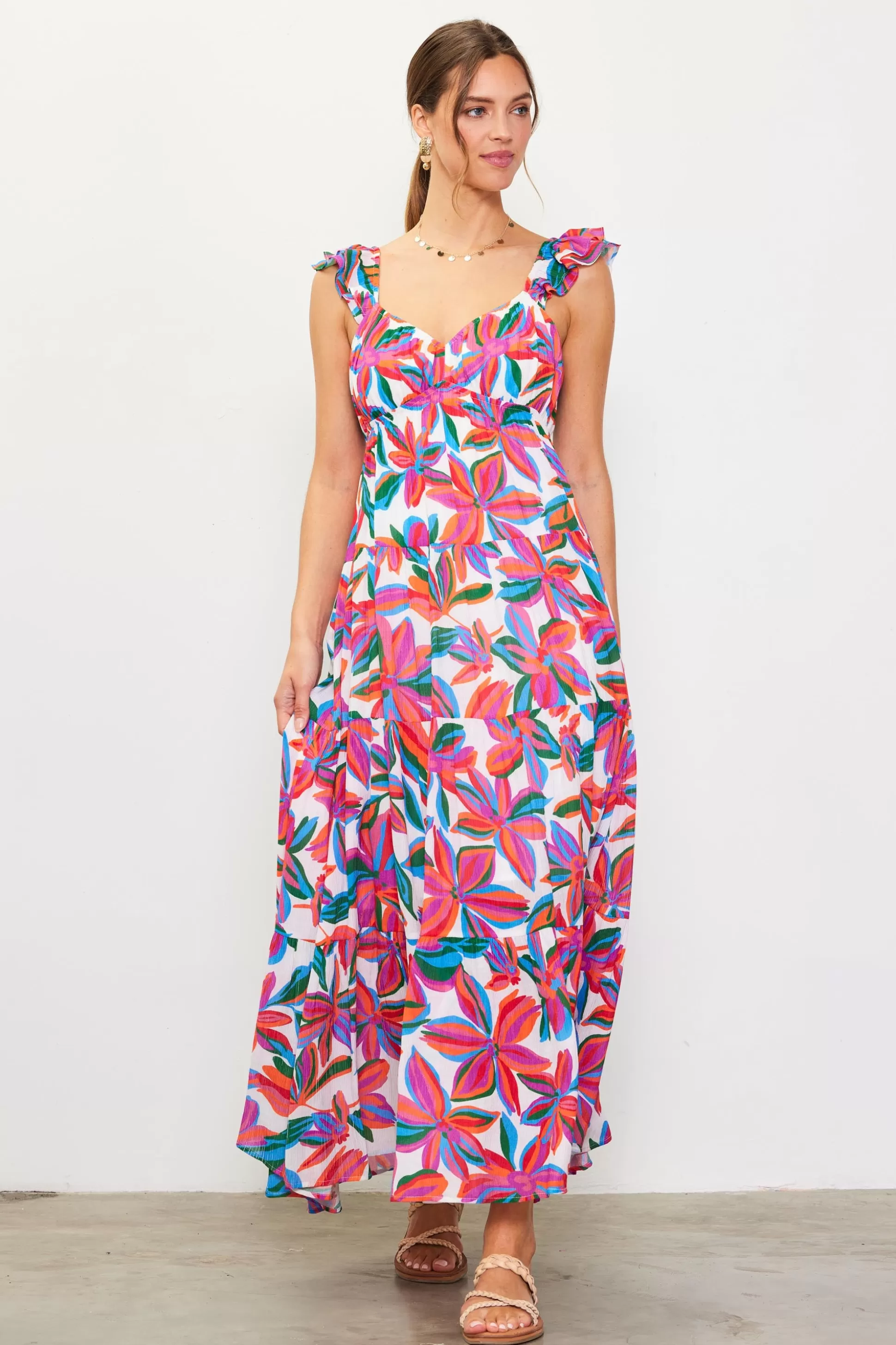 SKIES ARE BLUE Maxi Dresses>Juliette Floral Print Ruffle Sleeve Maxi Dress Redfloral