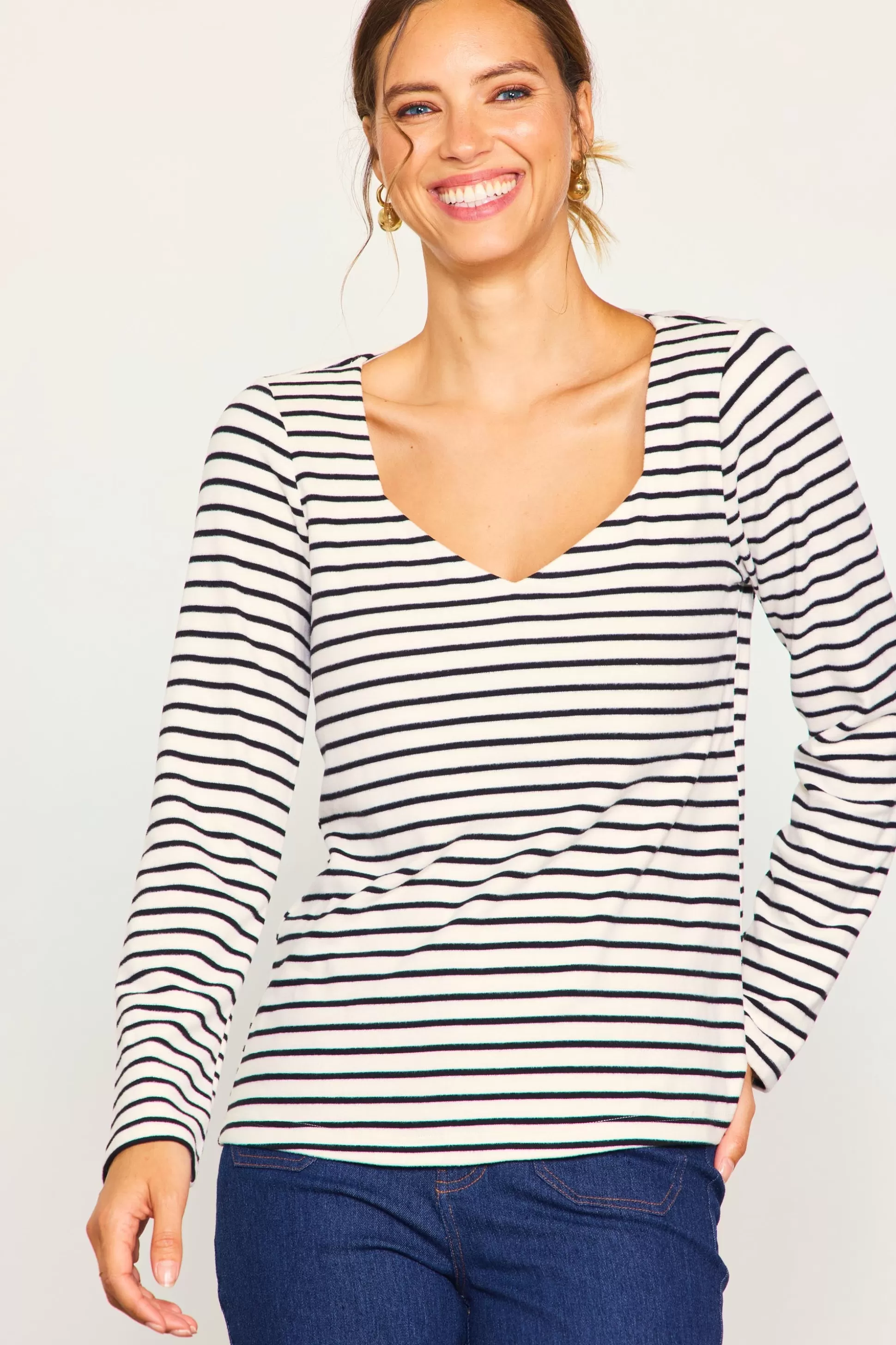 SKIES ARE BLUE Long Sleeve Tops>Knit Striped Longsleeve Top Cream-black