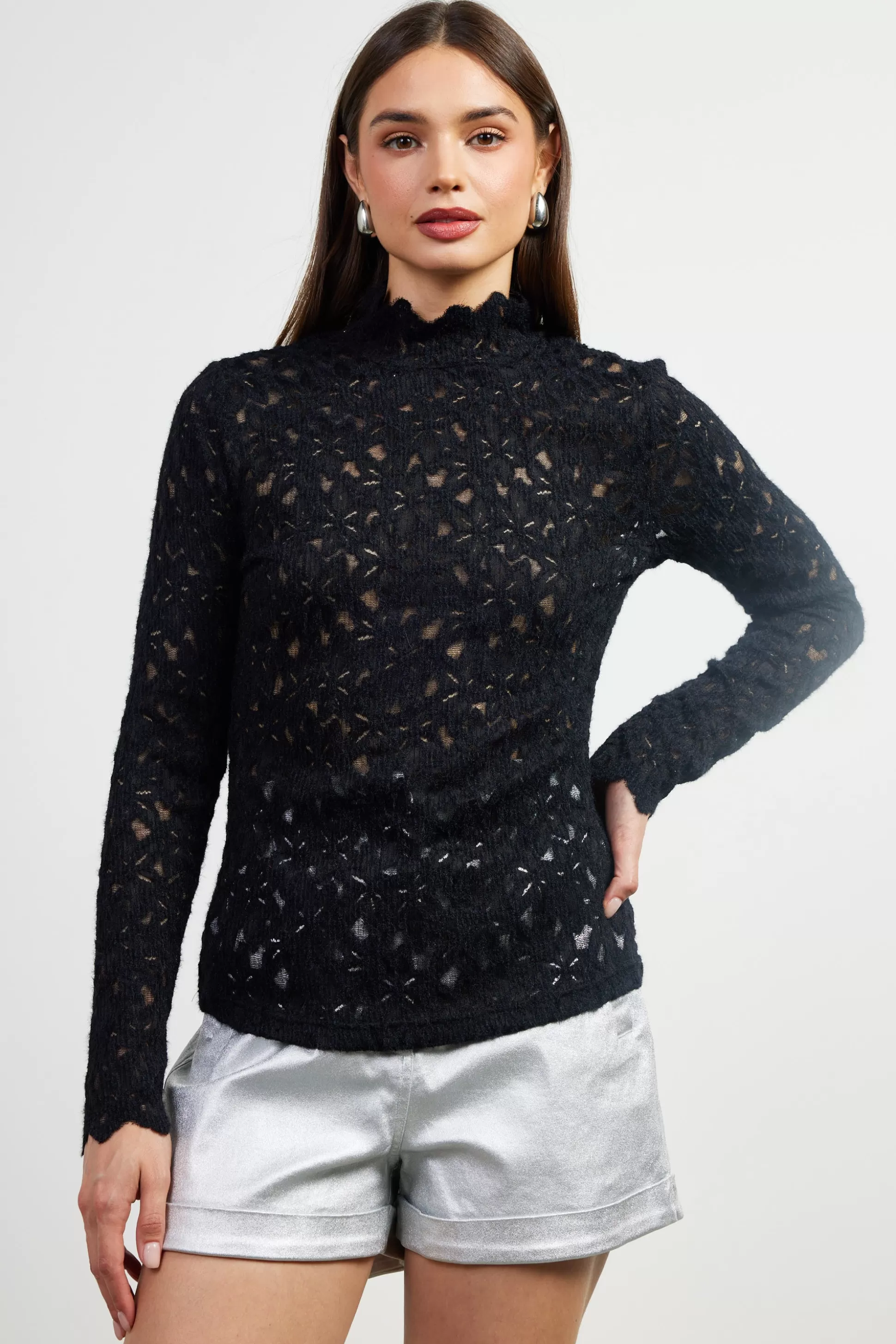 SKIES ARE BLUE Long Sleeve Tops>Lace Mock Neck Top Black