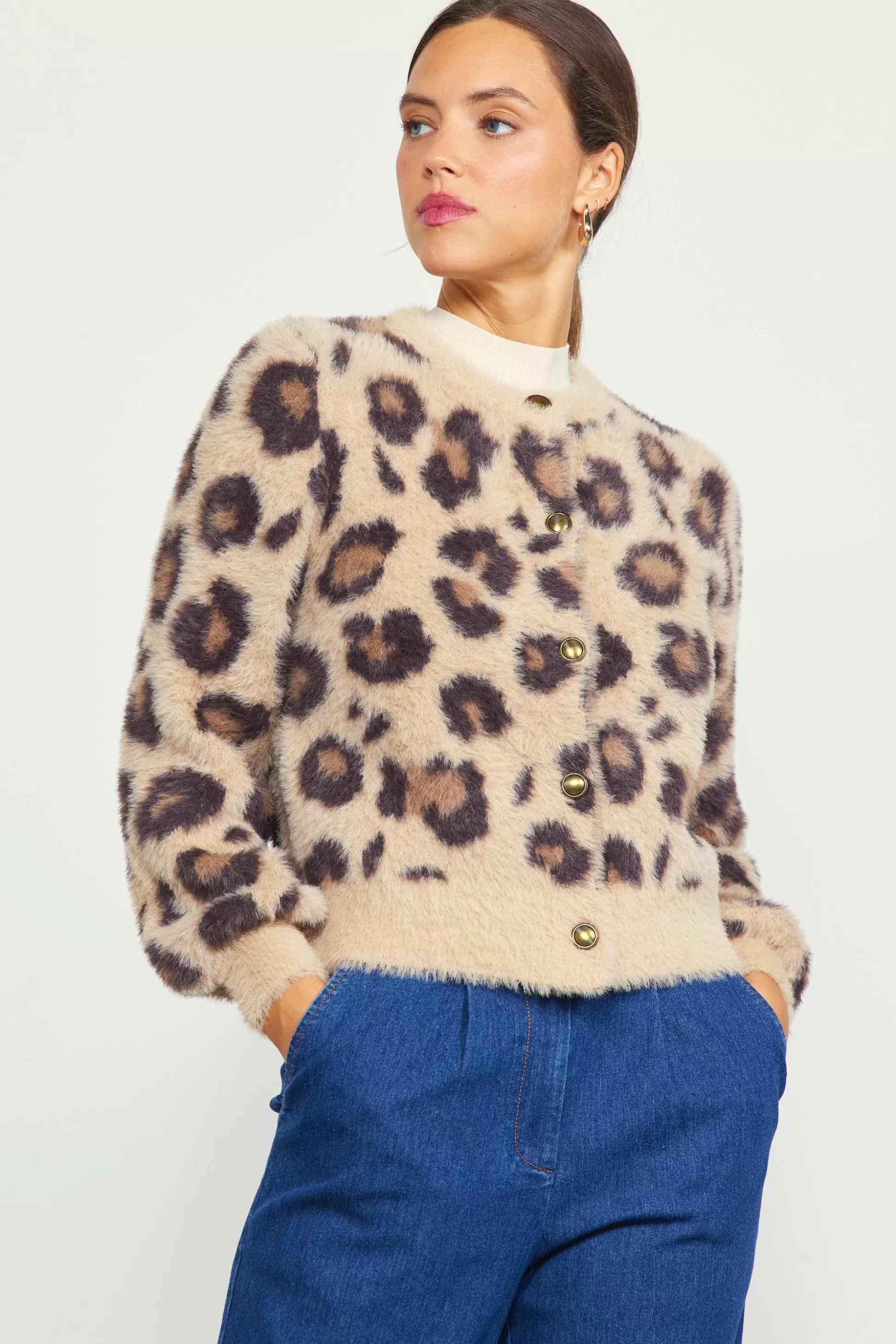 SKIES ARE BLUE Outerwear>Fuzzy Cardigan Leopard