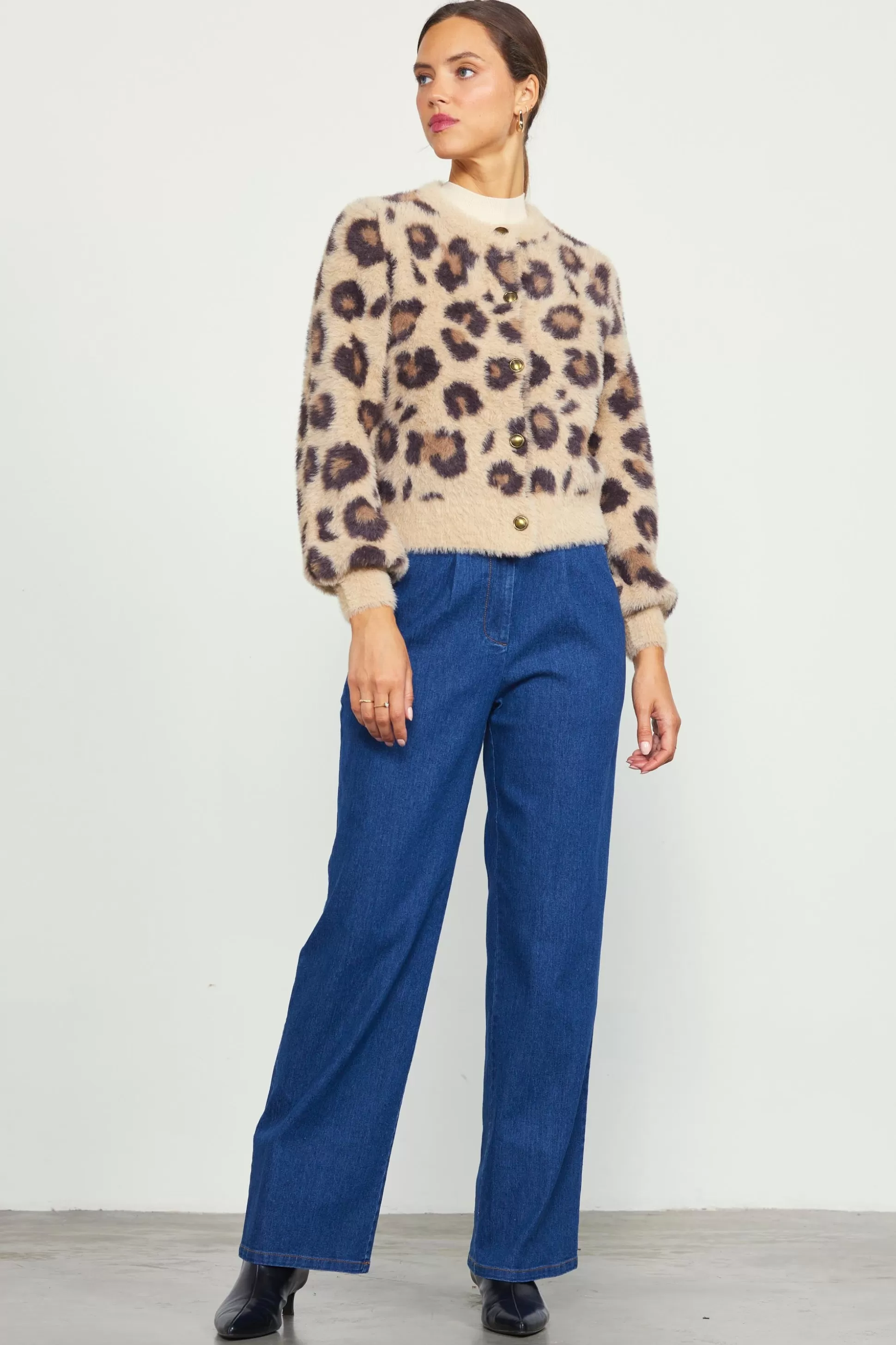 SKIES ARE BLUE Outerwear>Fuzzy Cardigan Leopard