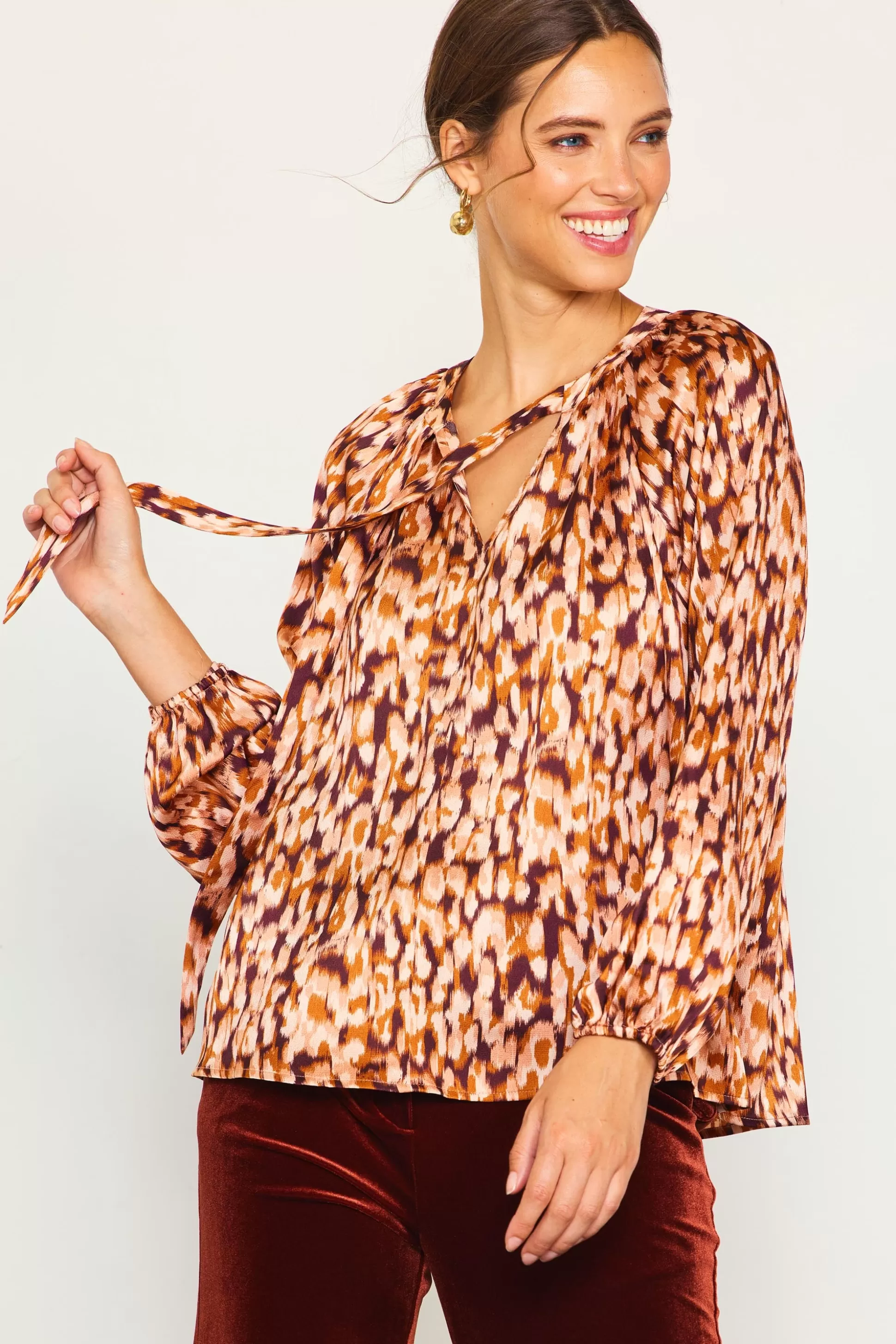 SKIES ARE BLUE Blouses | Long Sleeve Tops>Leopard Print Longsleeve Blouse Brown-ivory