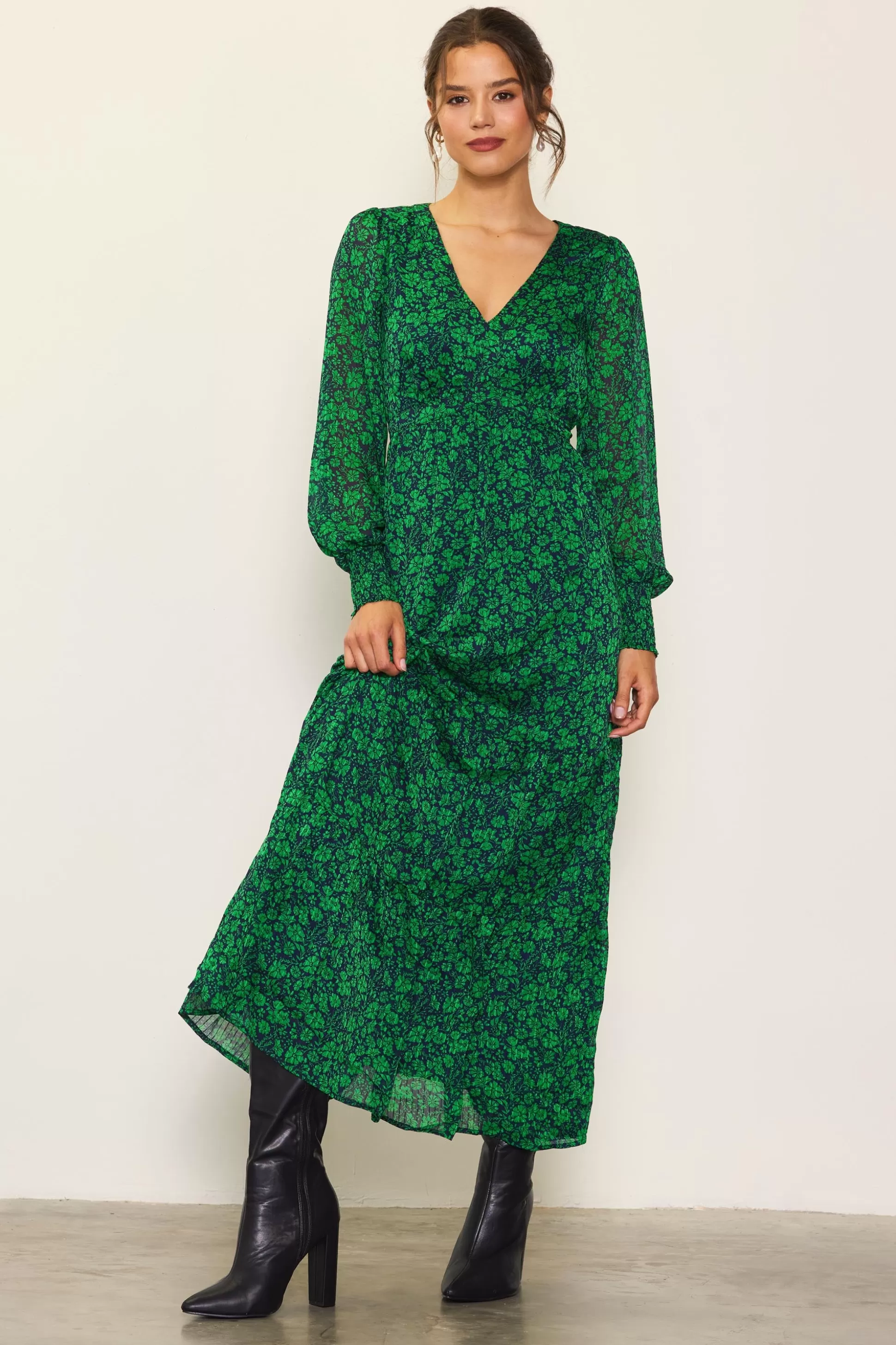 SKIES ARE BLUE Maxi Dresses>Lily Print Longsleeve Maxi Dress Spearmintnavy