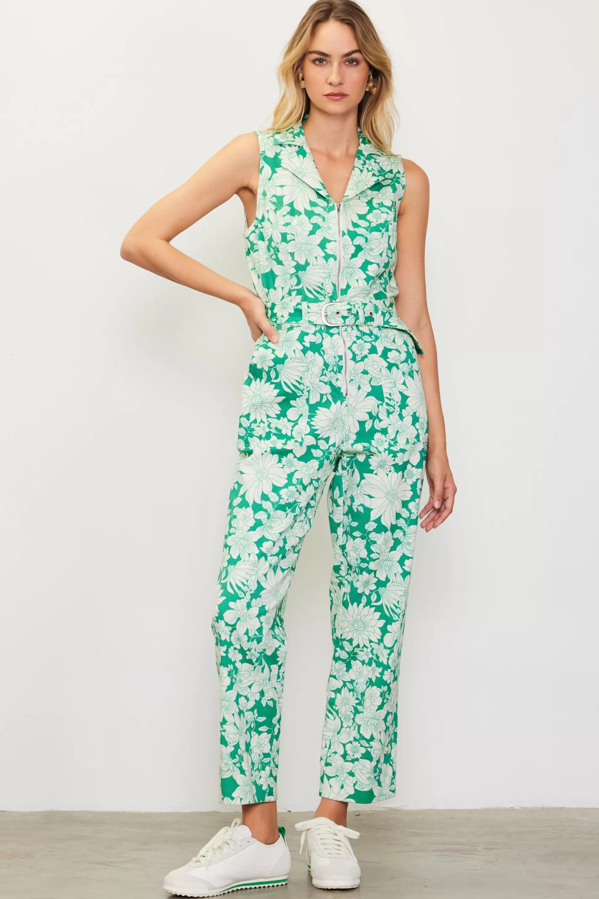 SKIES ARE BLUE Jumpsuits>Lily Print Twill Sleeveless Jumpsuit Green