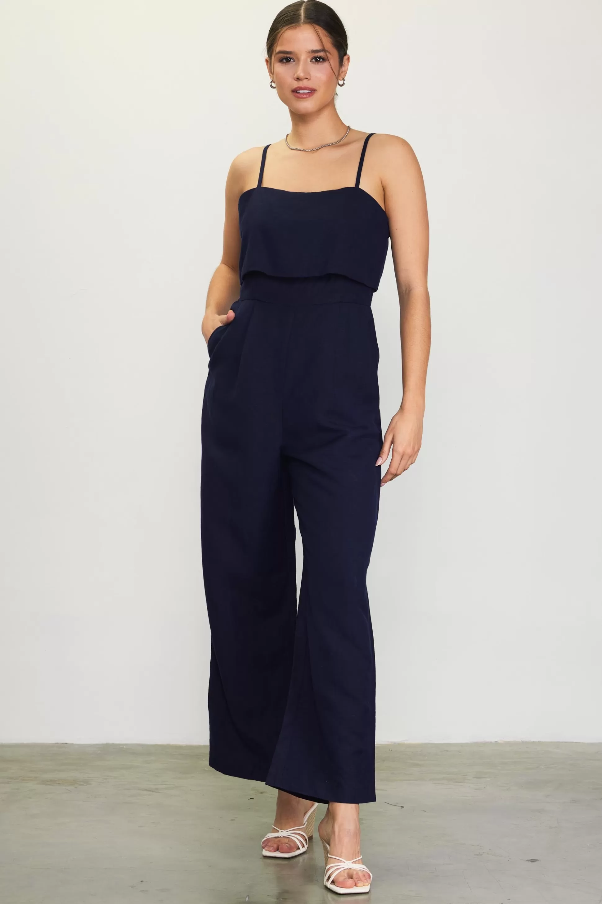 SKIES ARE BLUE Jumpsuits>Linen Blend Shoulder Strap Jumpsuit Navy