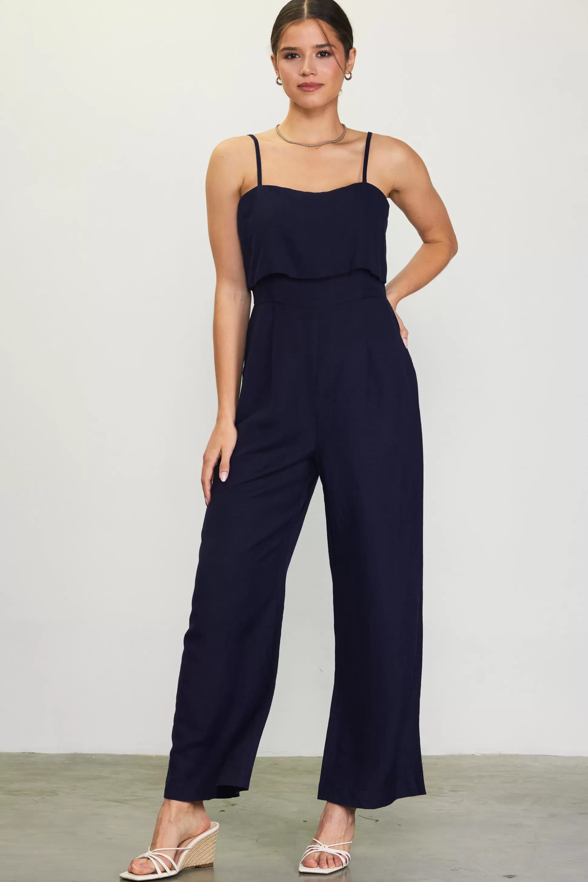 SKIES ARE BLUE Jumpsuits>Linen Blend Shoulder Strap Jumpsuit Navy