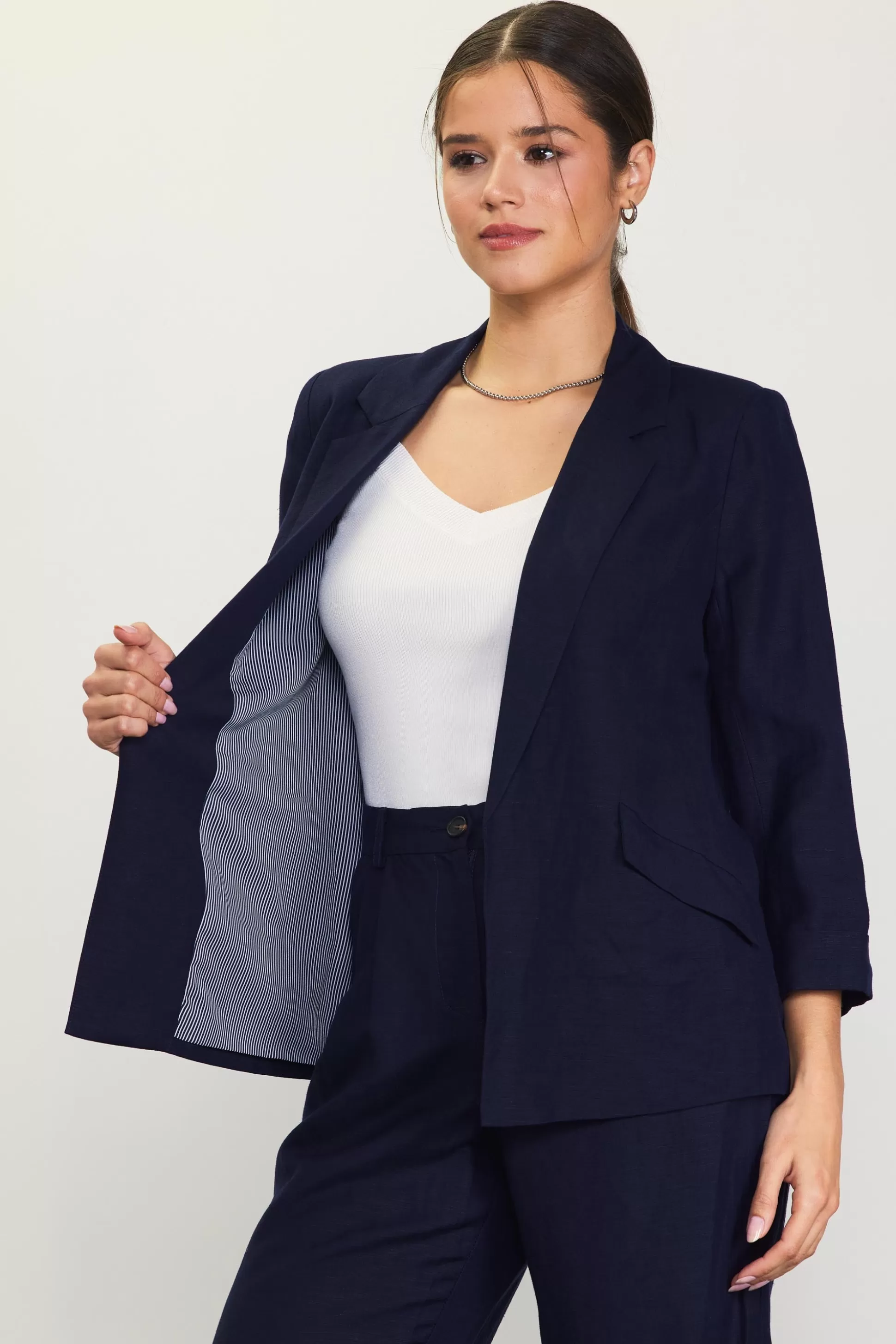 SKIES ARE BLUE Blazers>Linen Blend Three-Quarter Sleeve Blazer Navy