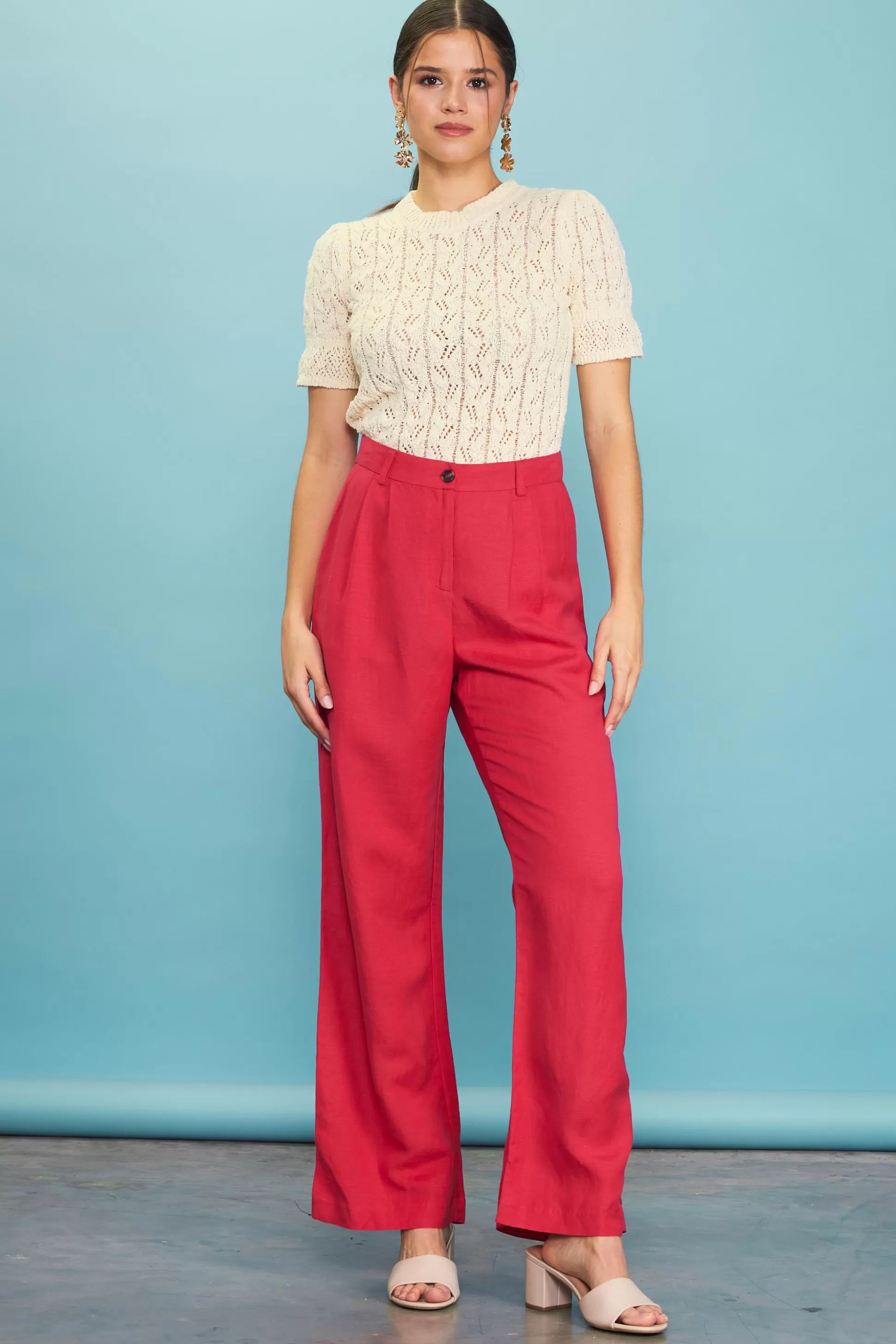 SKIES ARE BLUE Pants>Linen Blend Wide Leg Trousers Cherry