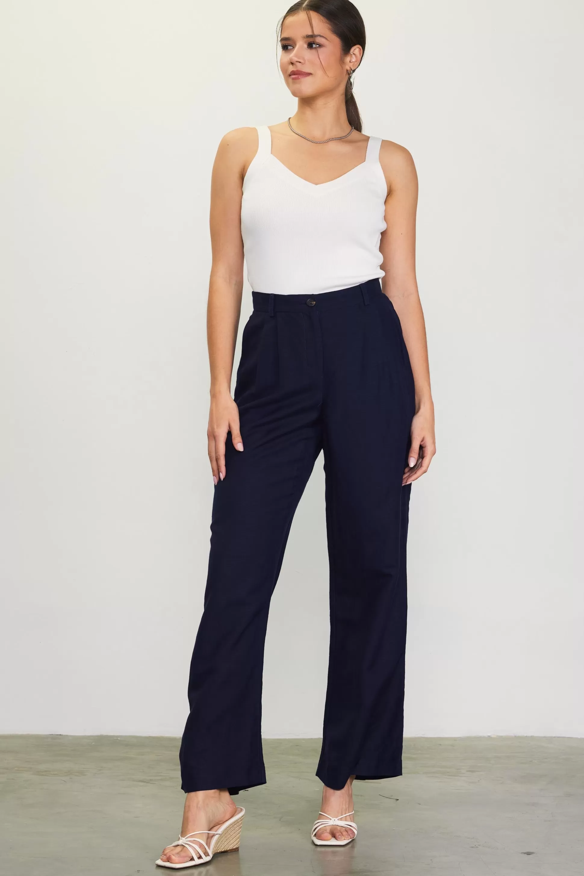 SKIES ARE BLUE Pants>Linen Blend Wide Leg Trousers Navy