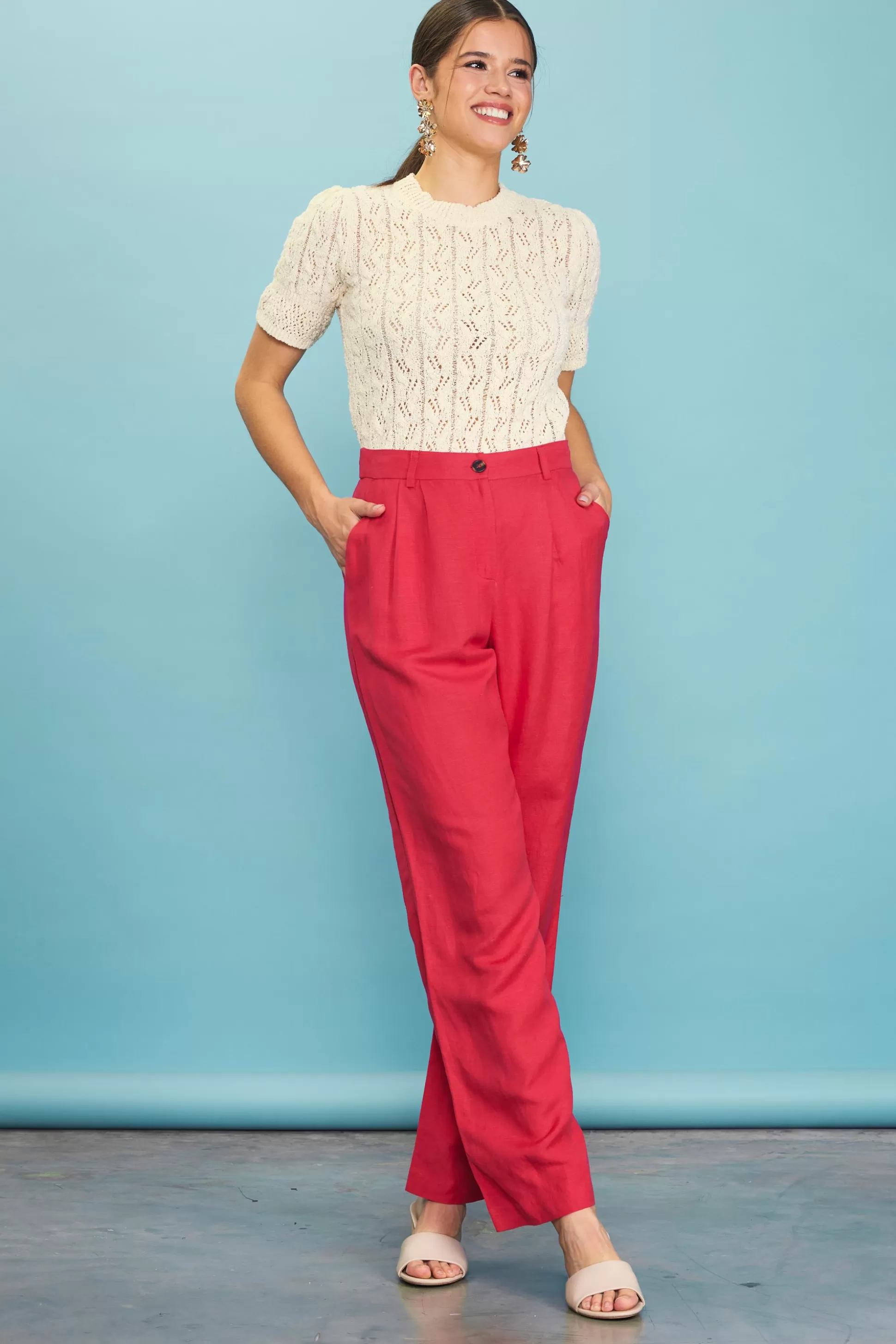 SKIES ARE BLUE Pants>Linen Blend Wide Leg Trousers Cherry