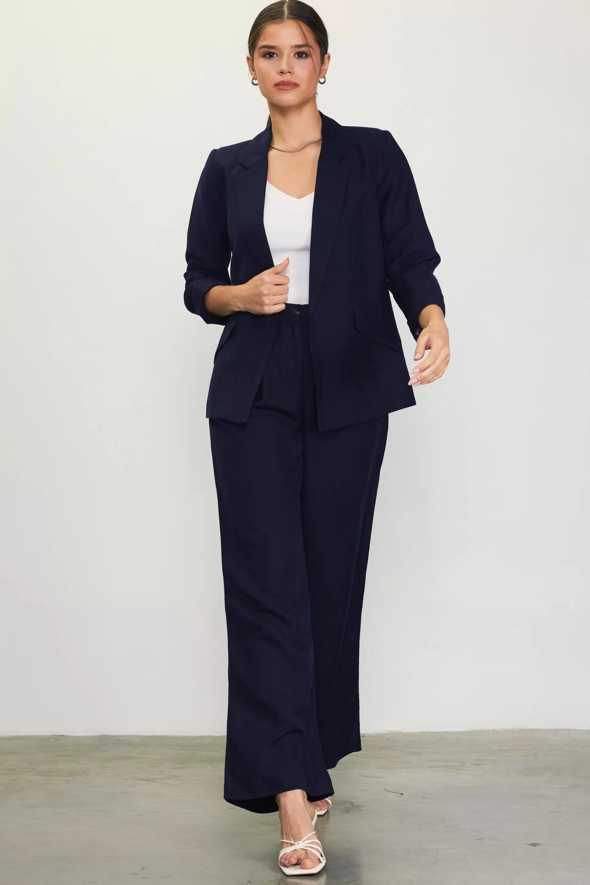 SKIES ARE BLUE Pants>Linen Blend Wide Leg Trousers Navy