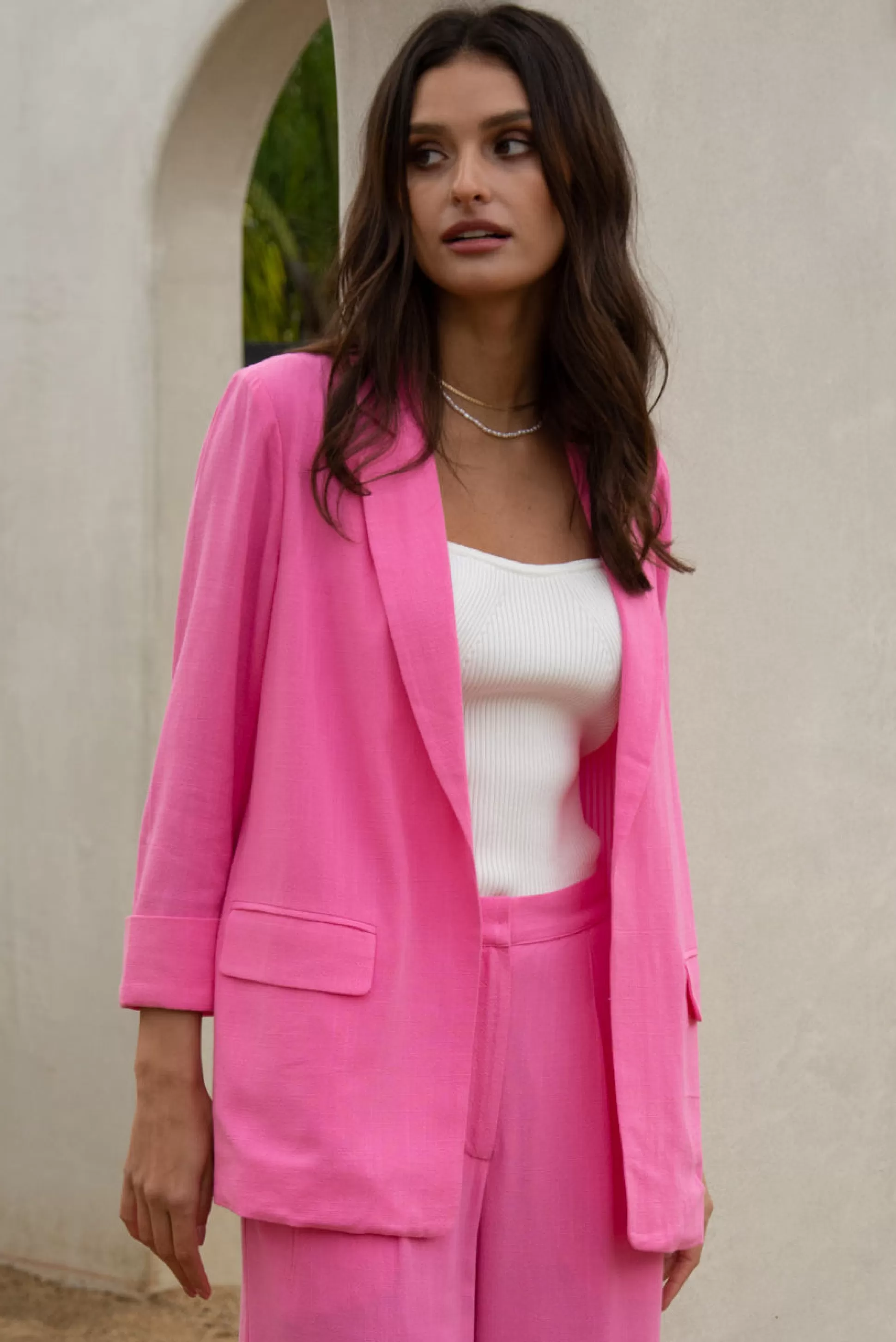 SKIES ARE BLUE Blazers>Linen Cuffed Sleeve Blazer Lightpink