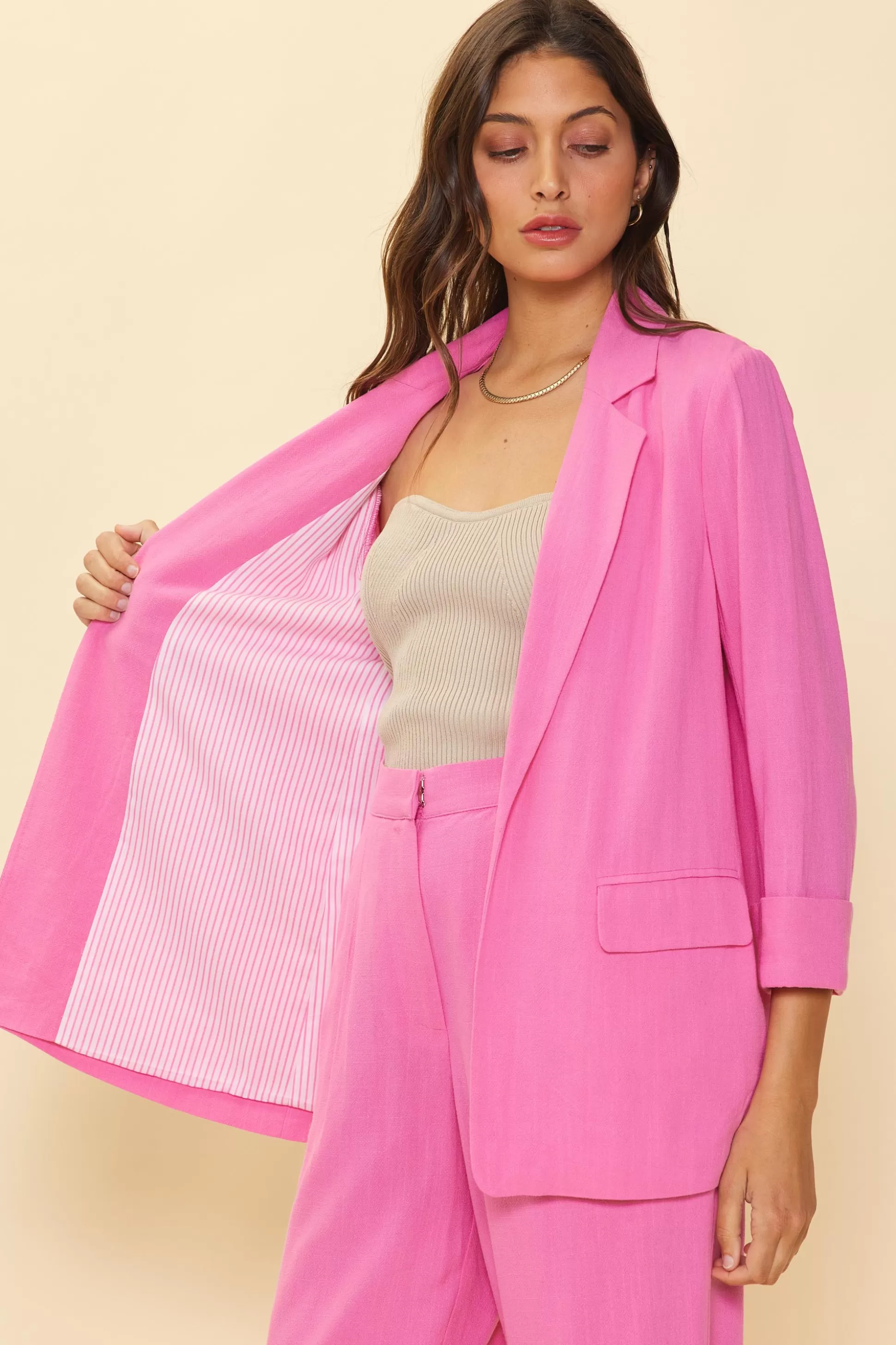 SKIES ARE BLUE Blazers>Linen Cuffed Sleeve Blazer Lightpink