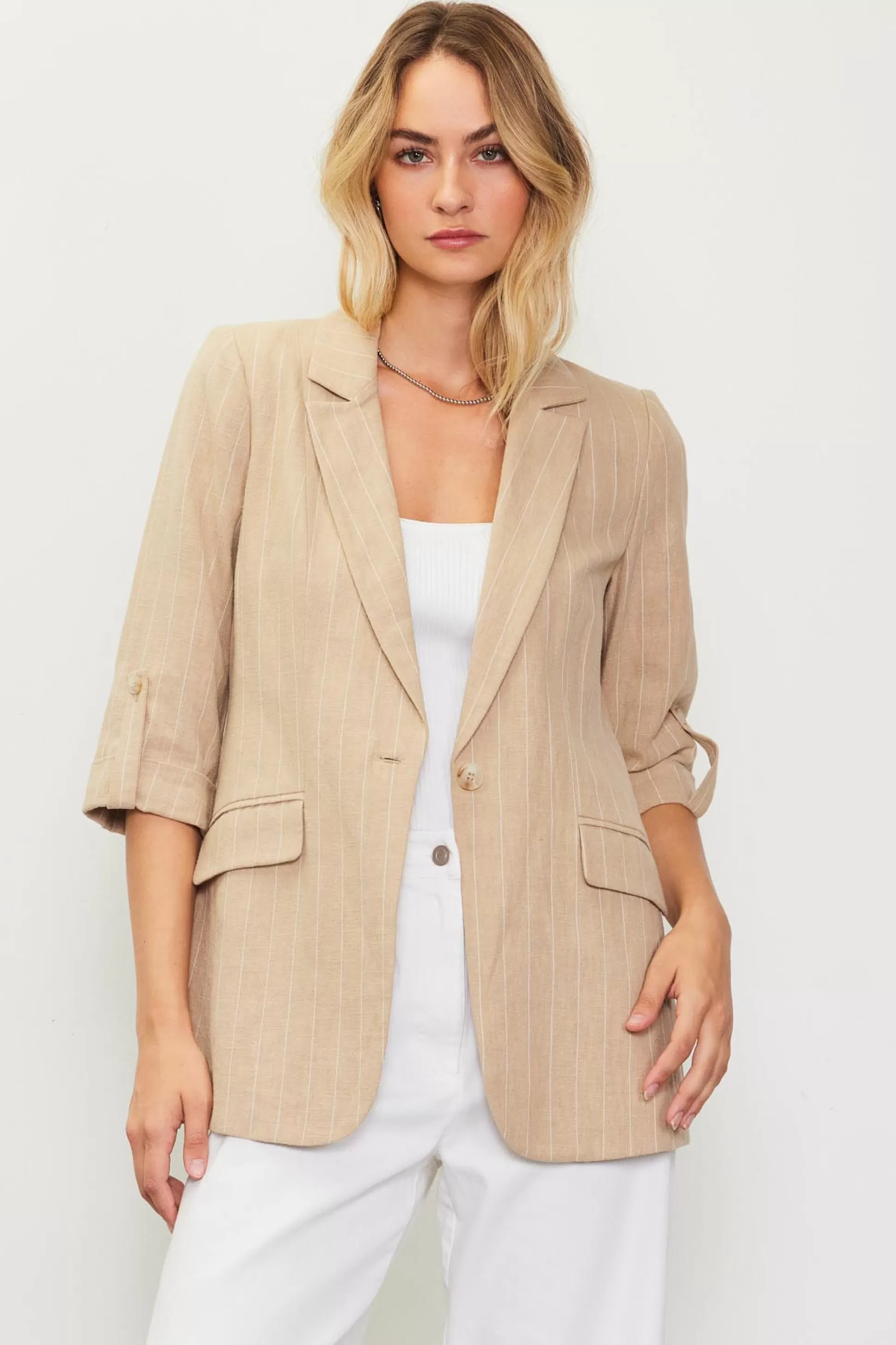 SKIES ARE BLUE Blazers>Linen Pinstripe Cuffed Blazer Latte