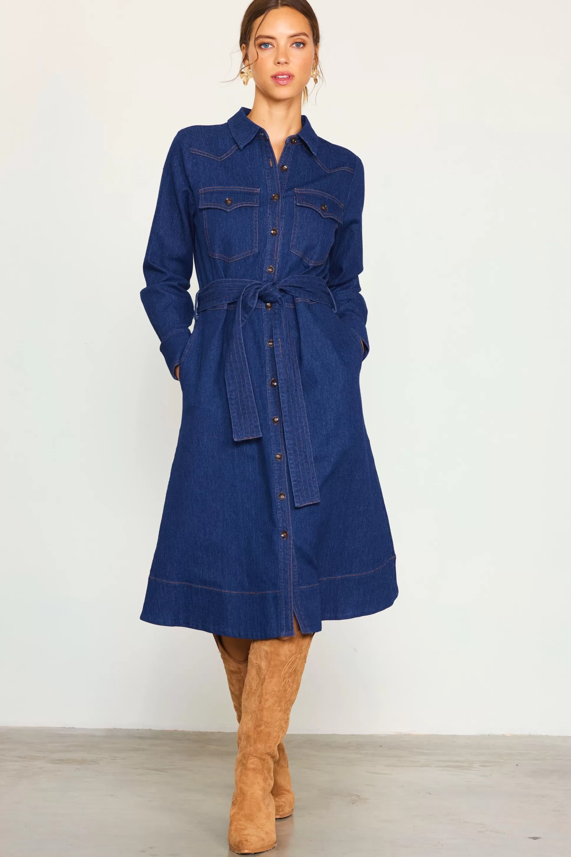 SKIES ARE BLUE Midi Dresses>Long Sleeve Denim Shirt Dress Darkdenim