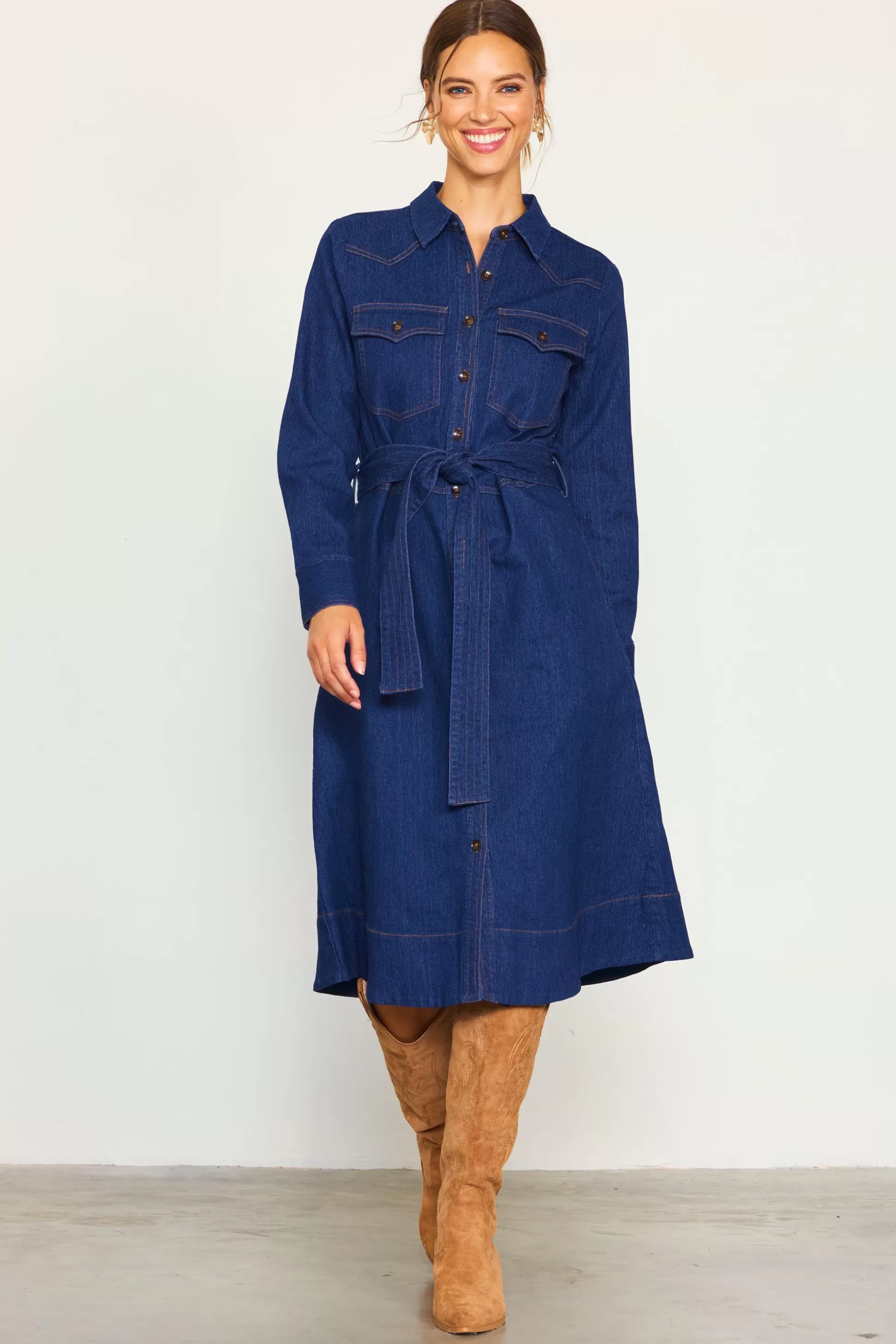 SKIES ARE BLUE Midi Dresses>Long Sleeve Denim Shirt Dress Darkdenim