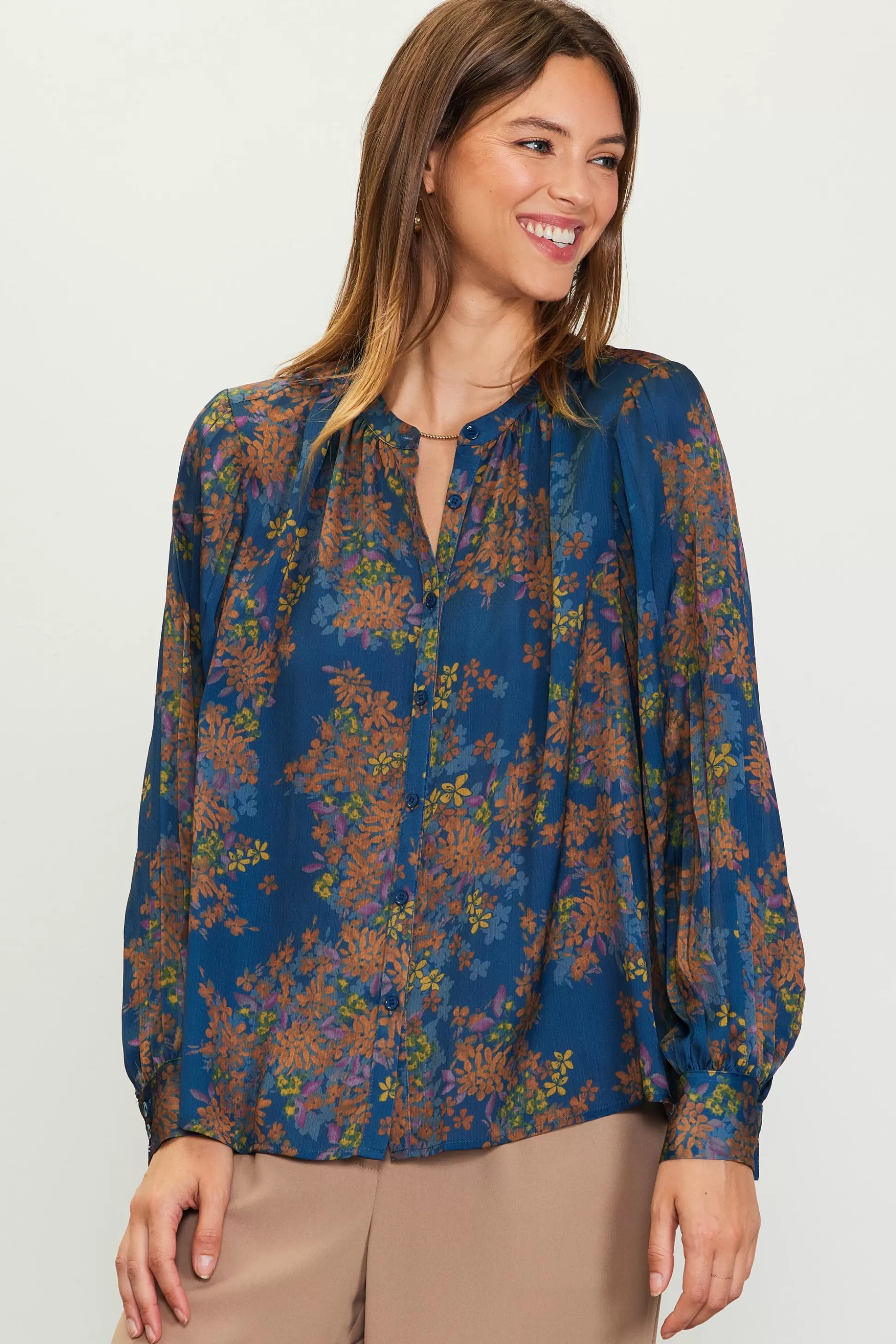 SKIES ARE BLUE Blouses | Long Sleeve Tops>Longsleeve Buttondown Blouse Teal-mustard