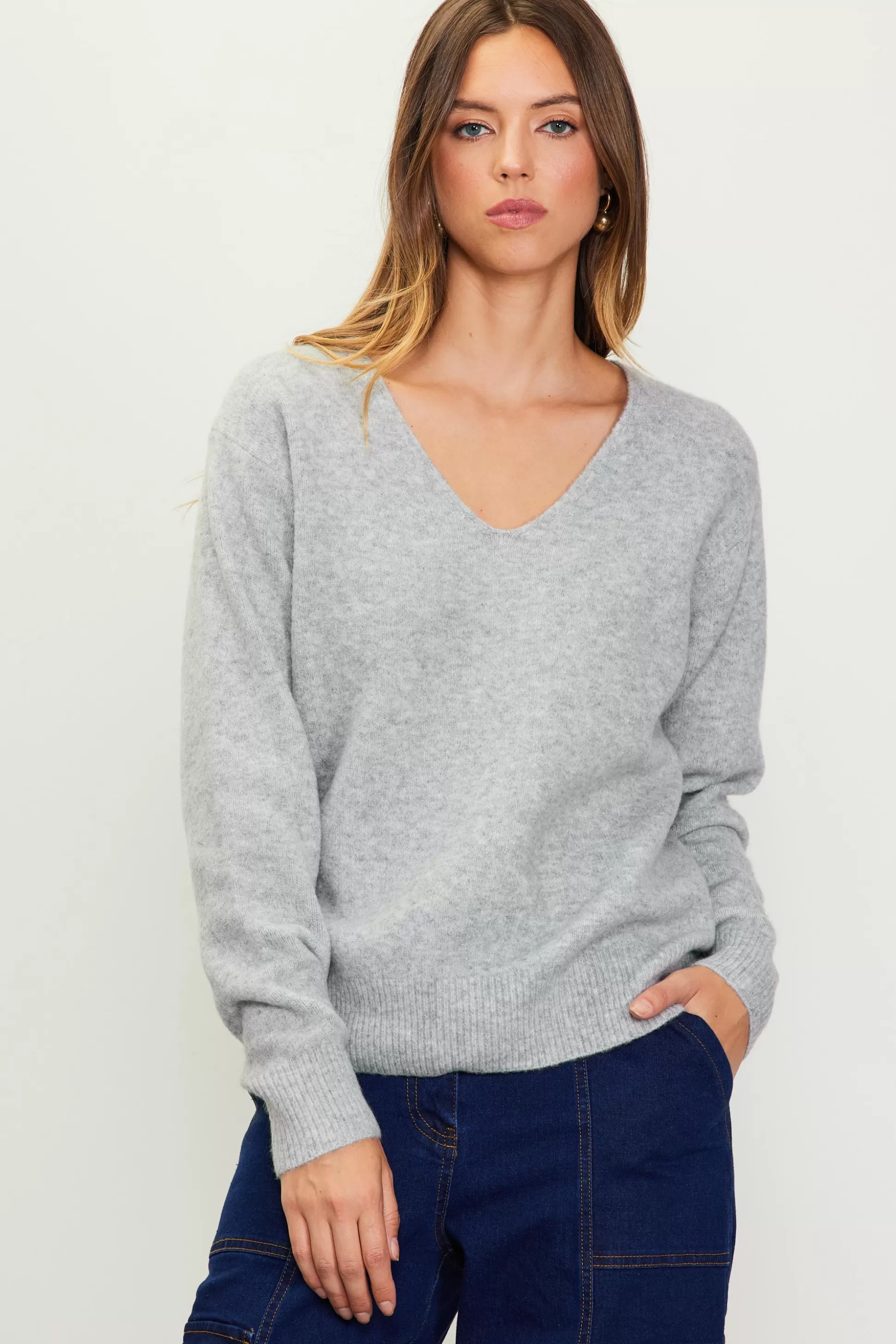 SKIES ARE BLUE Long Sleeve Tops | Sweaters>Longsleeve V Neck Sweater Grey